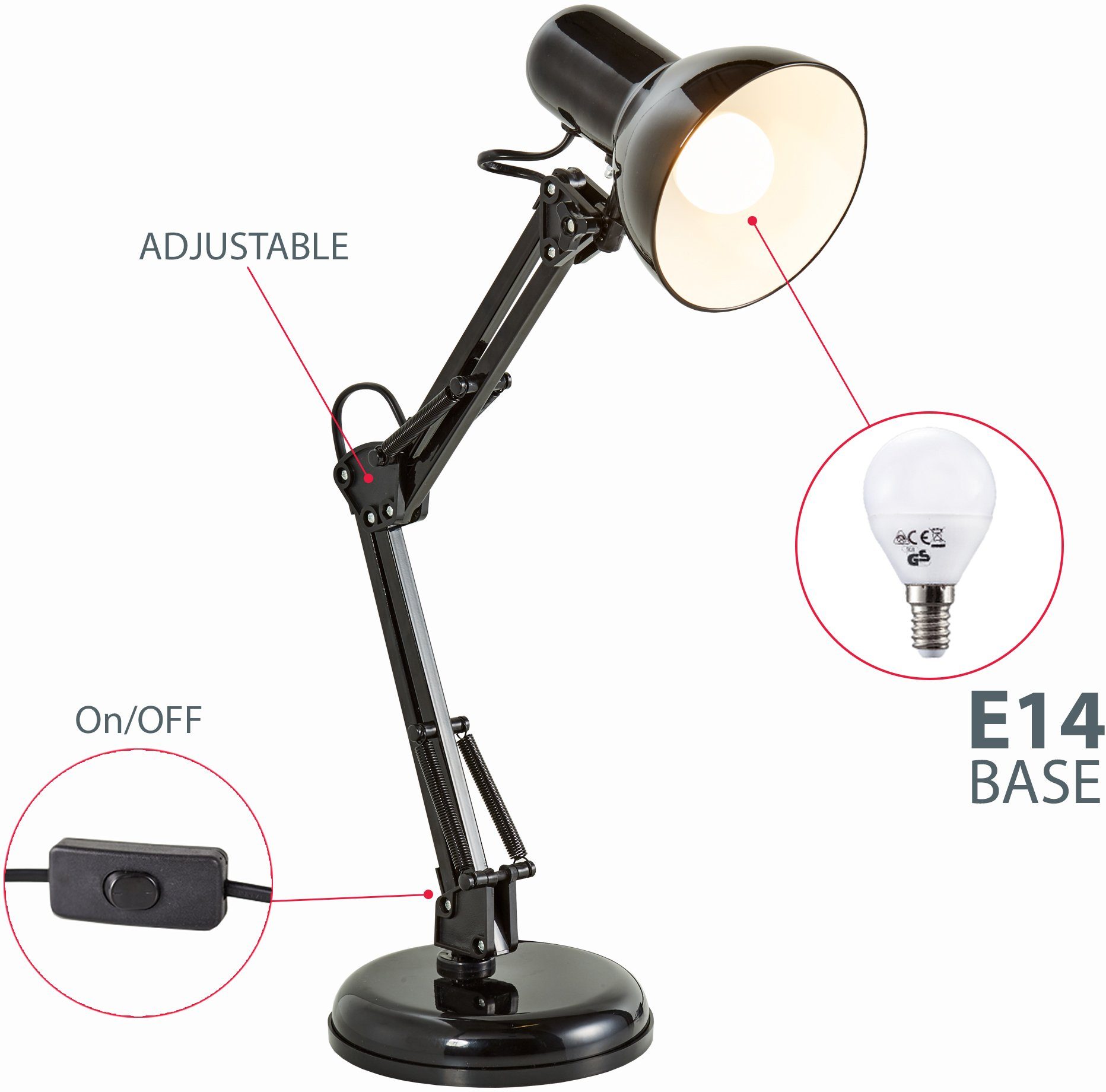 B.K.Licht Schreibtischlampe Draco, ohne Leuchtmittel, Tischlampe, schwarz, Metall, Retro, Schreibtisch, dreh- u. schwenkbar. Reduzierter Preis € 22,38. Unverbindliche Preisempfehlung € 39,99