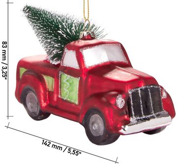 BRUBAKER Christbaumschmuck Kunstvolle Weihnachtskugel Roter Pick-Up mit Baum, mundgeblasene Weihnachtsdekoration aus Glas, handbemalt - ca. 14 cm