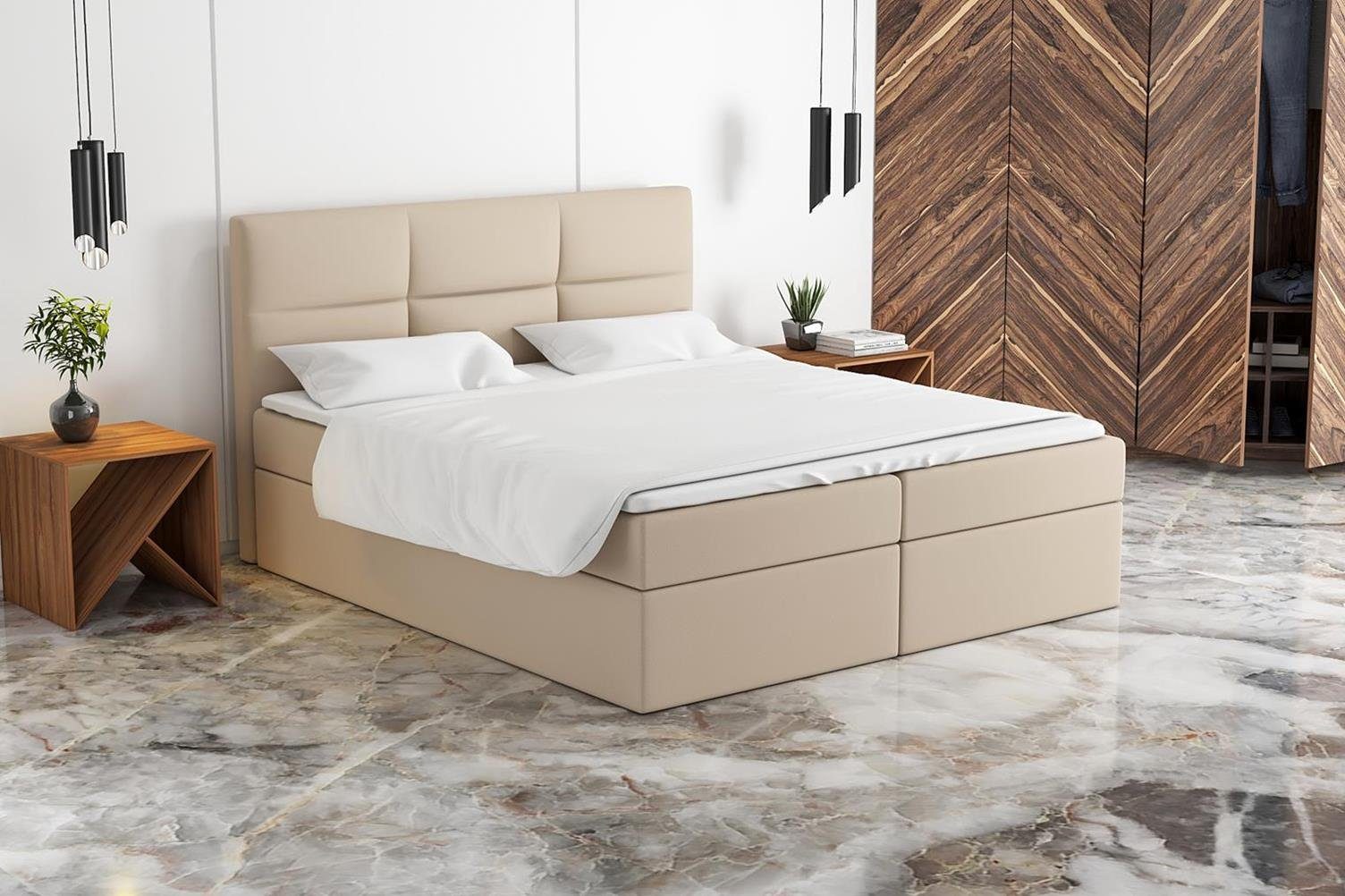 A&J MöbelLand GmbH Boxspringbett GRIM mit 2 Bettkästen, Bonell-Matratze. Beige 04