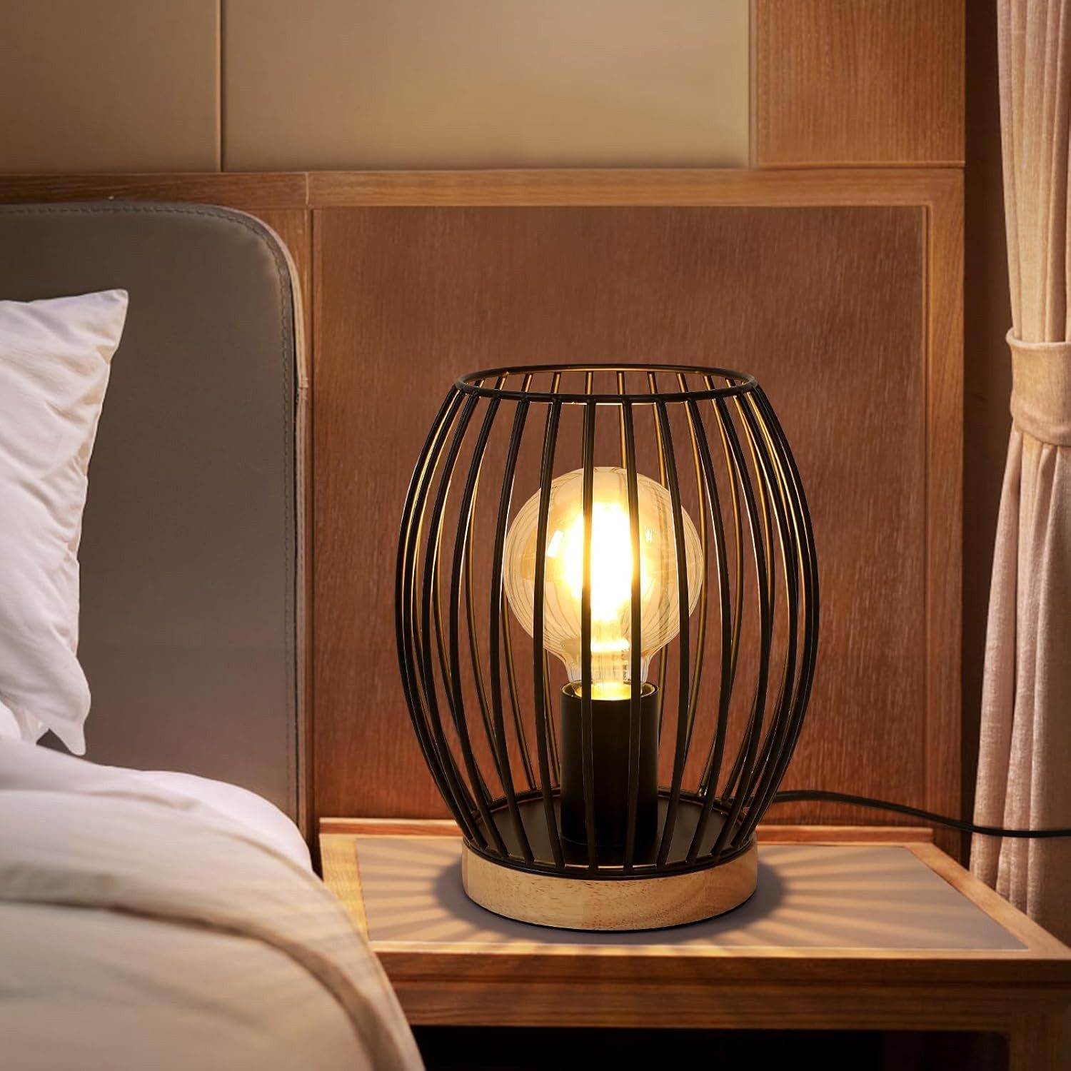 Riserva Außen-Tischleuchte Retro Tischlampe Schwarz mit E27 Fassung & Holz Basis Nachttisch Lampe