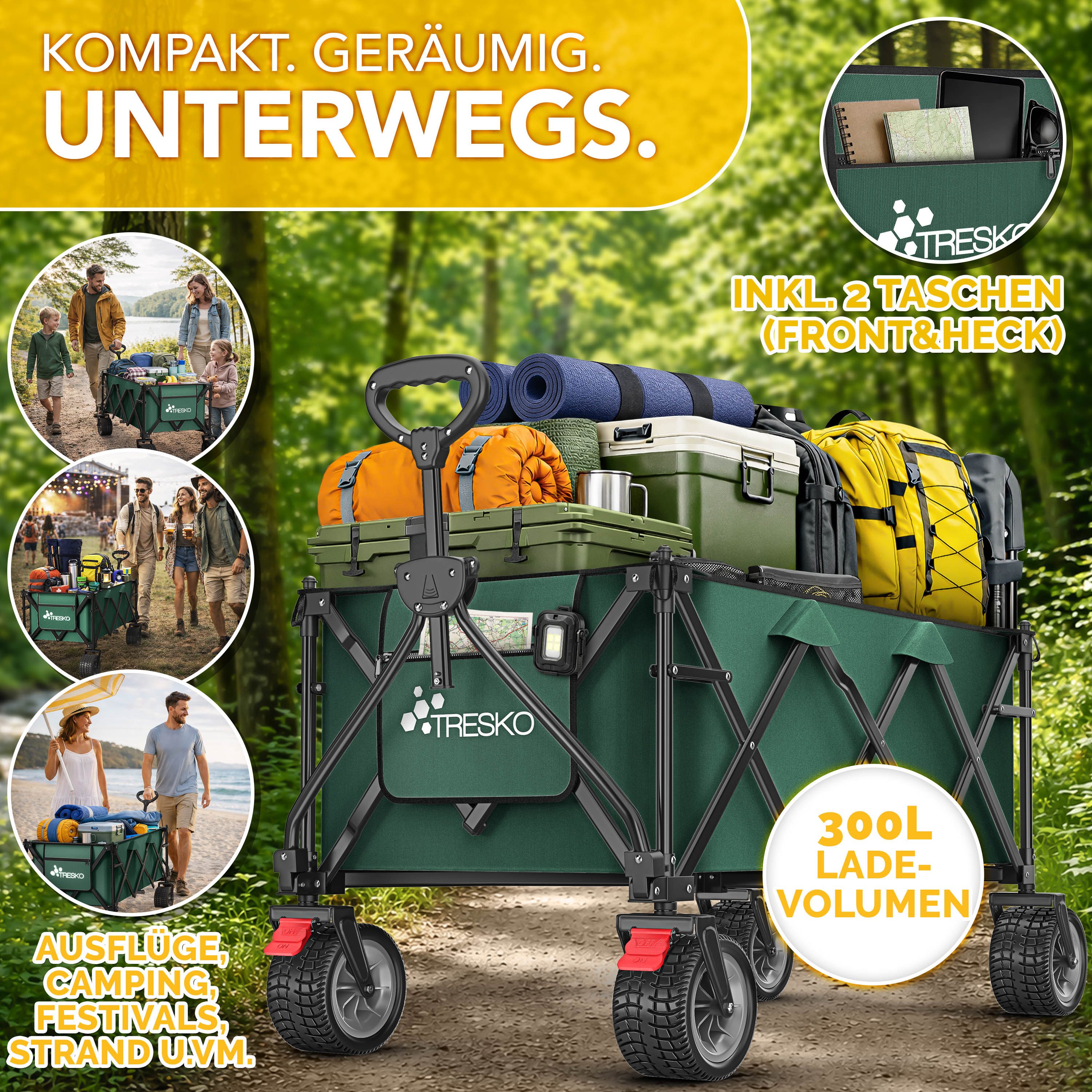 TRESKO Bollerwagen Bollerwagen faltbar 300L mit Bremse Handwagen klappbar 150kg (inkl. Vollgummireifen Faltbarer Strandwagen mit Extra Breite All-Terrain-Räder, Gartenwagen Transportwagen mit Tragetasche)