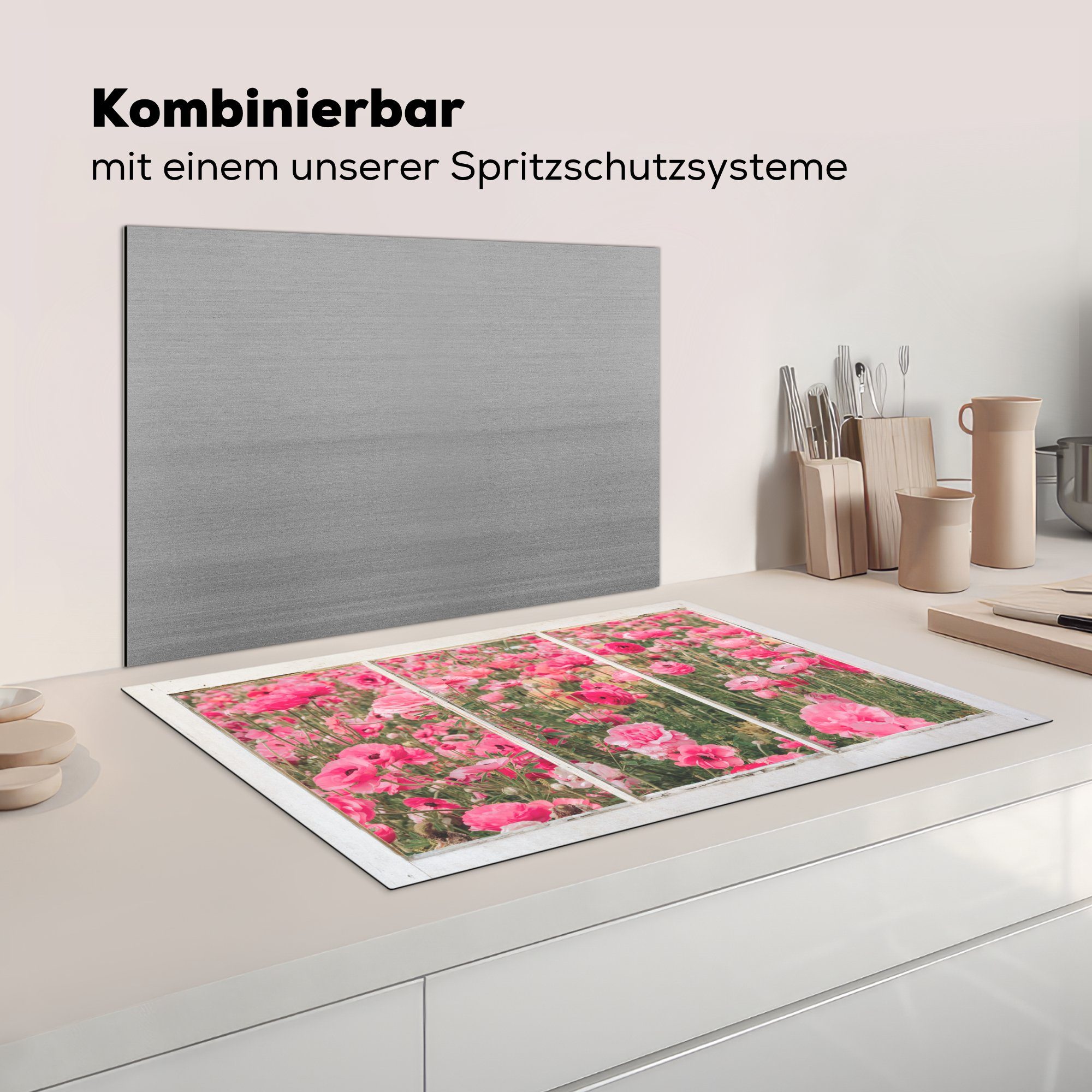 - cm, (1 Herdblende-/Abdeckplatte für küche, Induktionskochfeld tlg), Ceranfeldabdeckung Vinyl, Rosa, die - Durchsichtig 81x52 Blumen MuchoWow Schutz