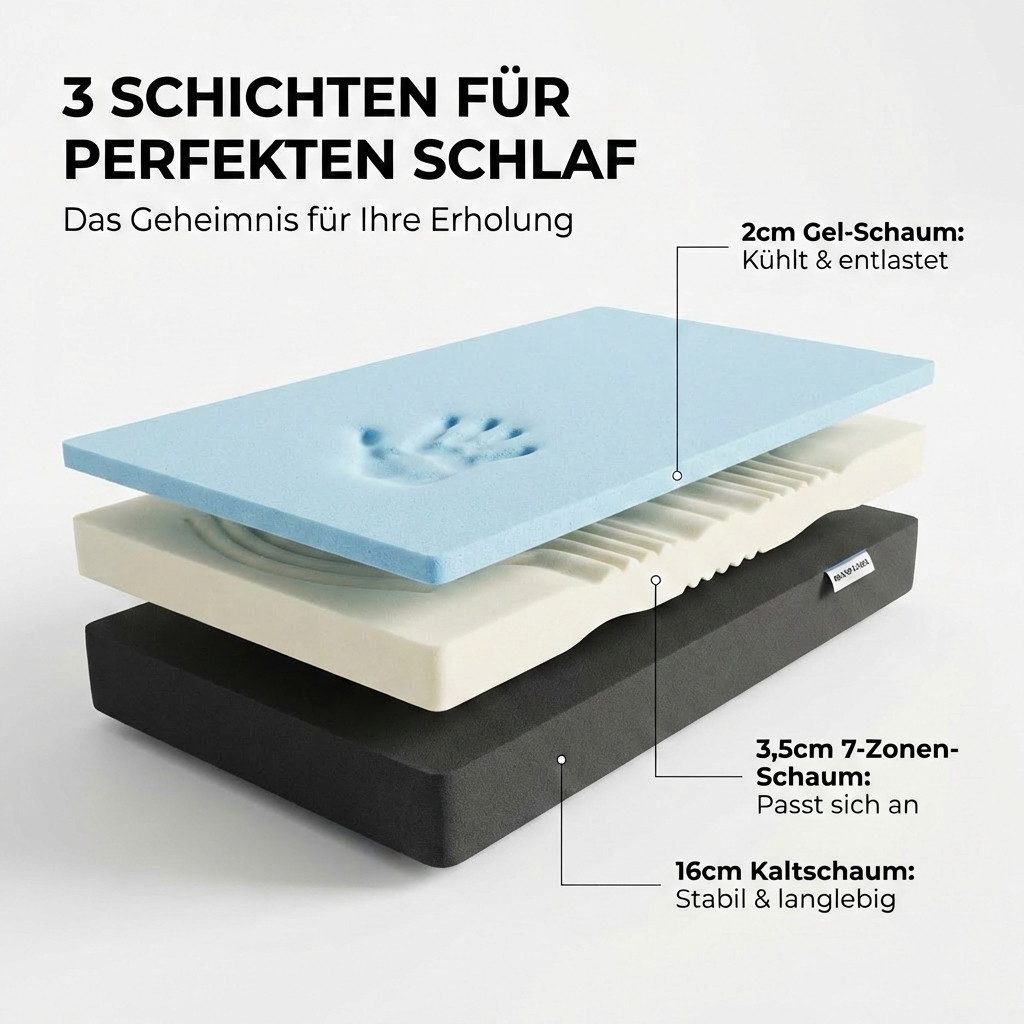 Hybridschaum-Matratze mit Rundum-Reißverschluss komplett abnehmbar Hygienisch waschbar 60 °C, KNERST, 21 cm hoch, 7 Zonen, 90x200cm, Gel-Memory Foam, 2 Härtegra – Bild 4 von 5