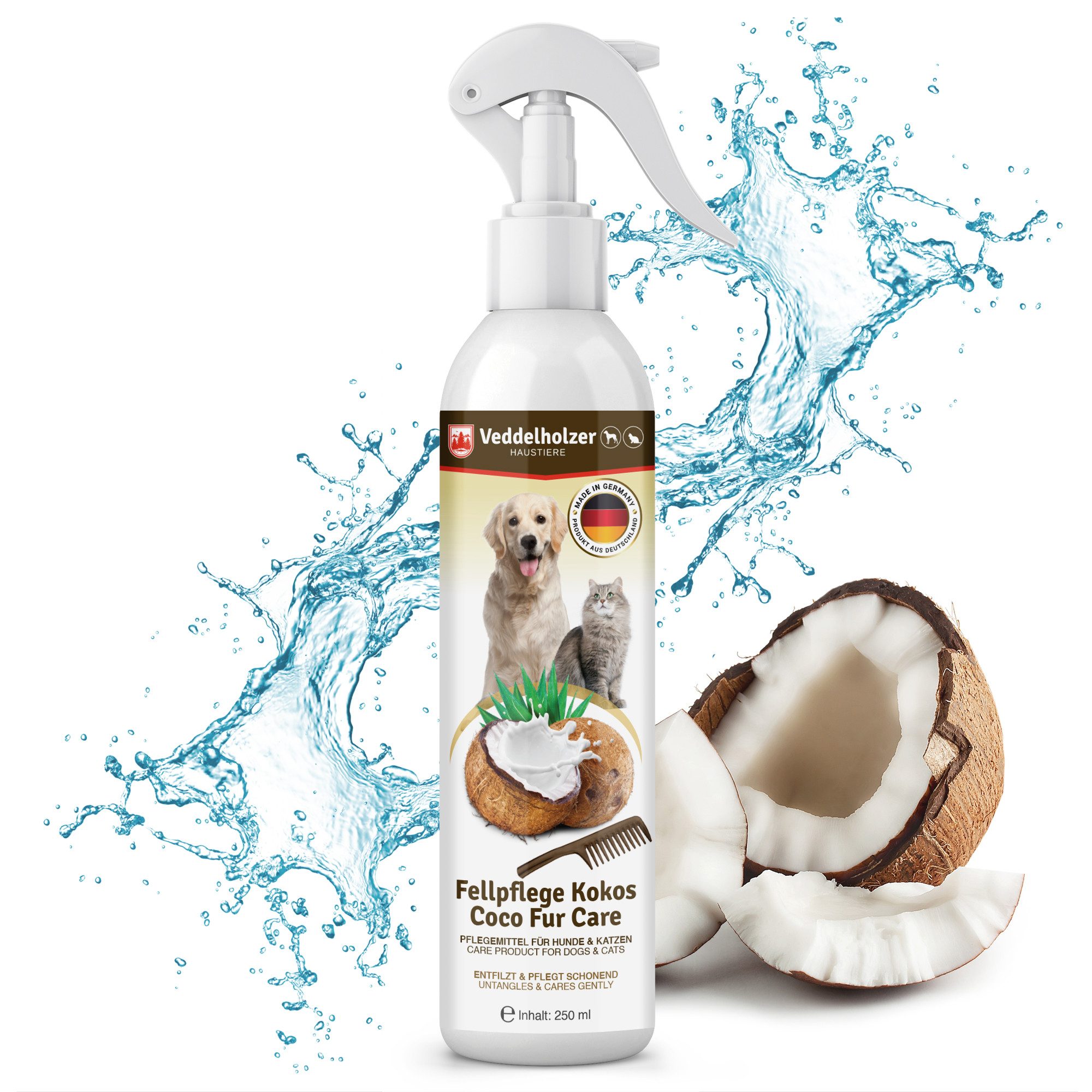 Veddelholzer Fellpflege Kokos Fellpflege Hund & Katze Entfilzungsspray, Hunde Zubehör, 250ml, 250 ml, (MIT KOKOSDUFT, Accessoires, Katzenpflege, Hundebedarf), Welpen, Fell. Zubehör, Hundeparfüm