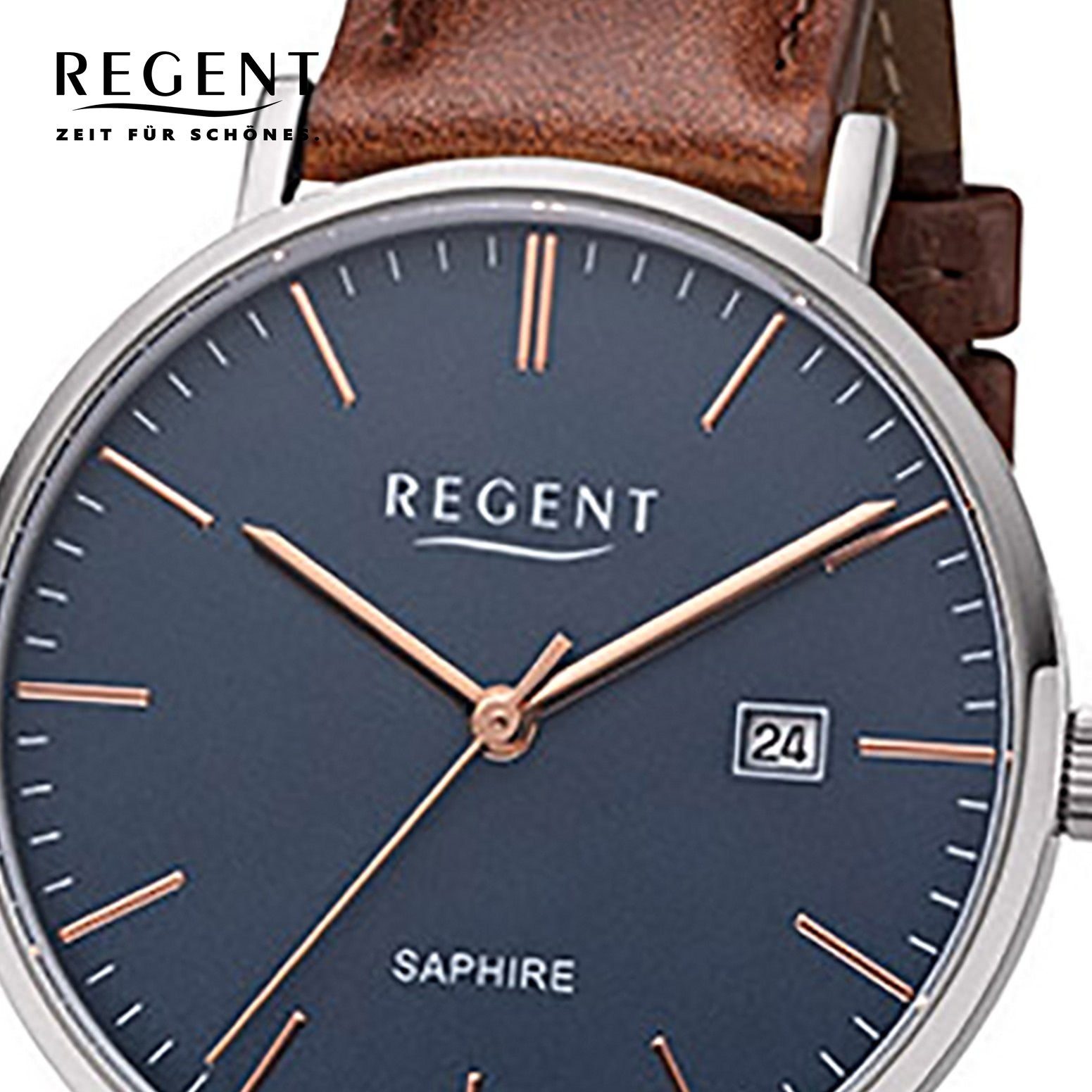 Regent Quarzuhr Lederarmband Herren (ca. 38mm), Leder Uhr F-1228 mittel Herren Quarz, Regent Armbanduhr rund