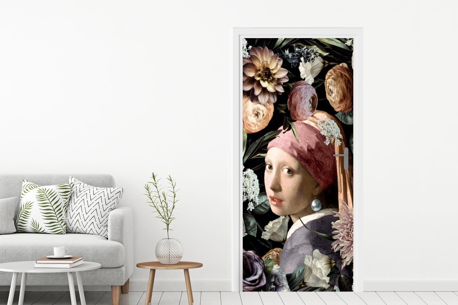 bedruckt, (1 75x205 Türaufkleber, - Tür, cm Matt, Pastell St), - - -, Perlenohrring MuchoWow Kunstwerk Türtapete mit für Fototapete Mädchen Blumen - Vermeer