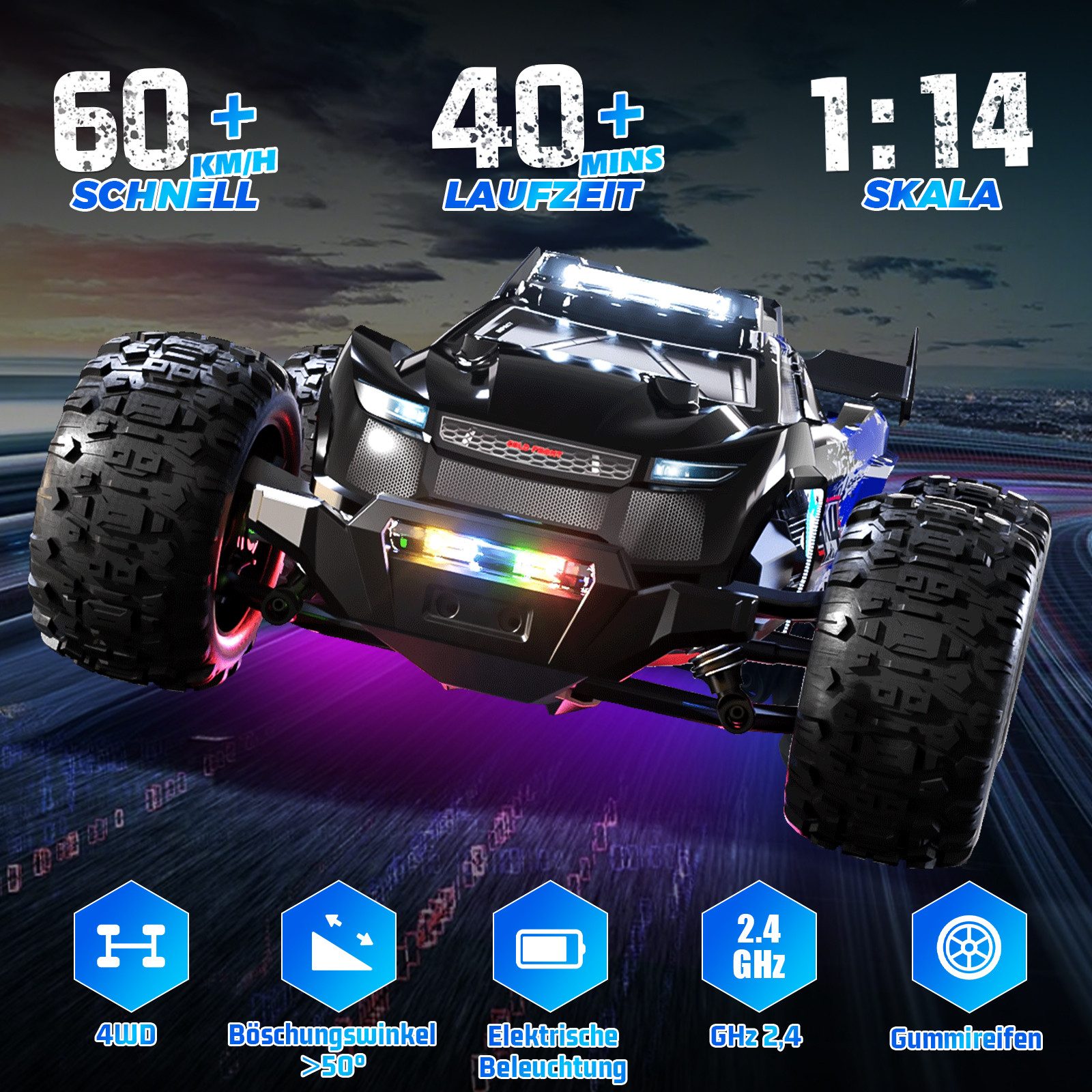 Esun RC-Auto 1:14 Brushless Ferngesteuertes Auto Erwachsene, 50 KM/H RC 4WD Offroad (Set, Komplettset), RC Car mit LED, RC buggy Spielzeug ab 8 9 10 jahre