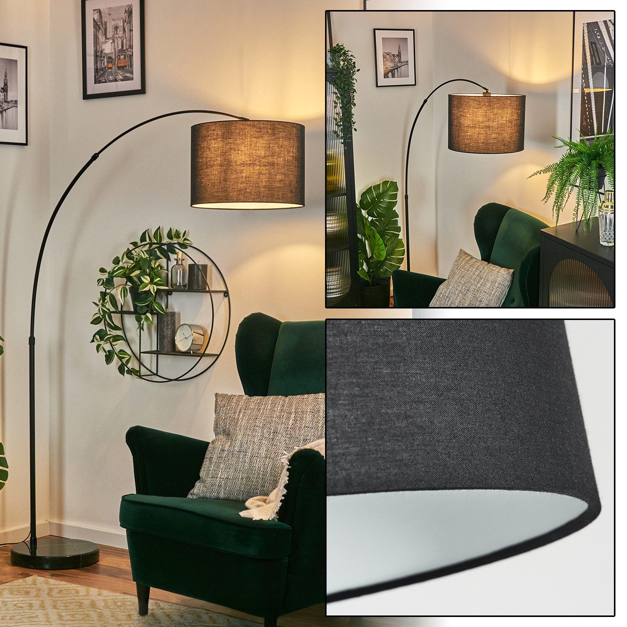 hofstein Bogenlampe Stehlampe mit Marmorfuß aus Metall/Stoff in Schwarz/Weiß, verstellbare Stehleuchte im modernen Design, Ø 40 cm, Fußschalter, E27
