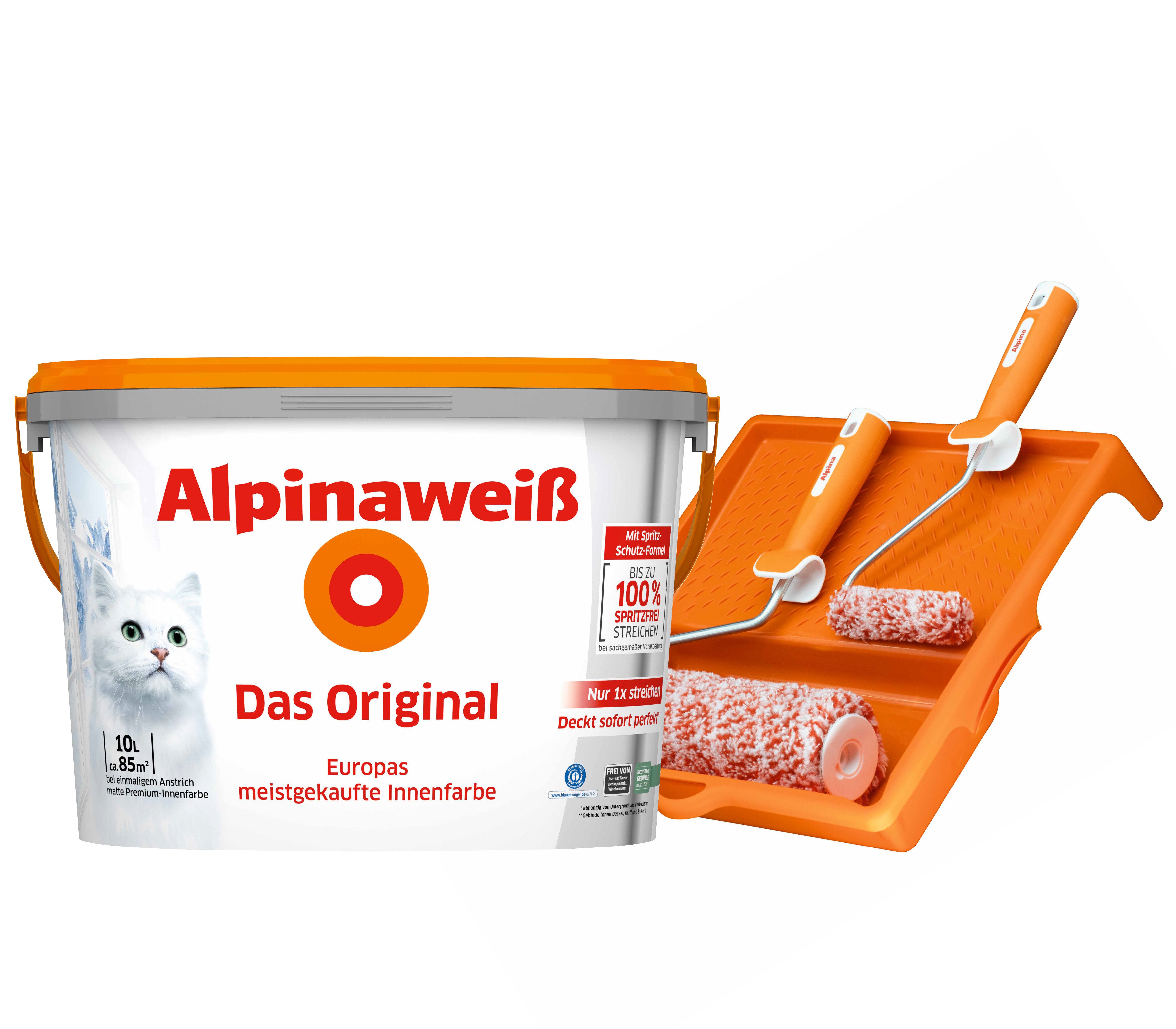 Alpina Wandfarbe - SET - Alpinaweiß Das Original 10L – inkl. Roller-Set und Farbwanne