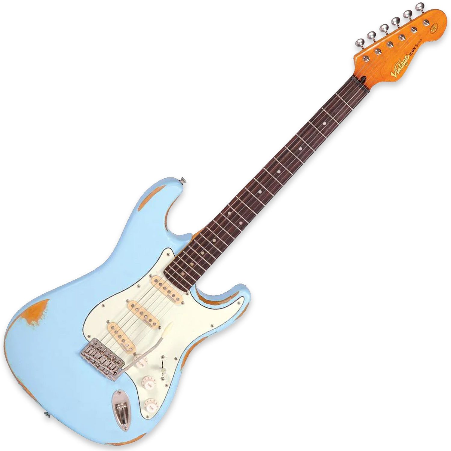 Vintage Guitars E-Gitarre Vintage E-Gitarre V6MRLB Icon Distressed Laguna Blue, S-Style Form, Relic-Finish, 1-St., E-Gitarre, E-Gitarre in der klassischen S-Style Form