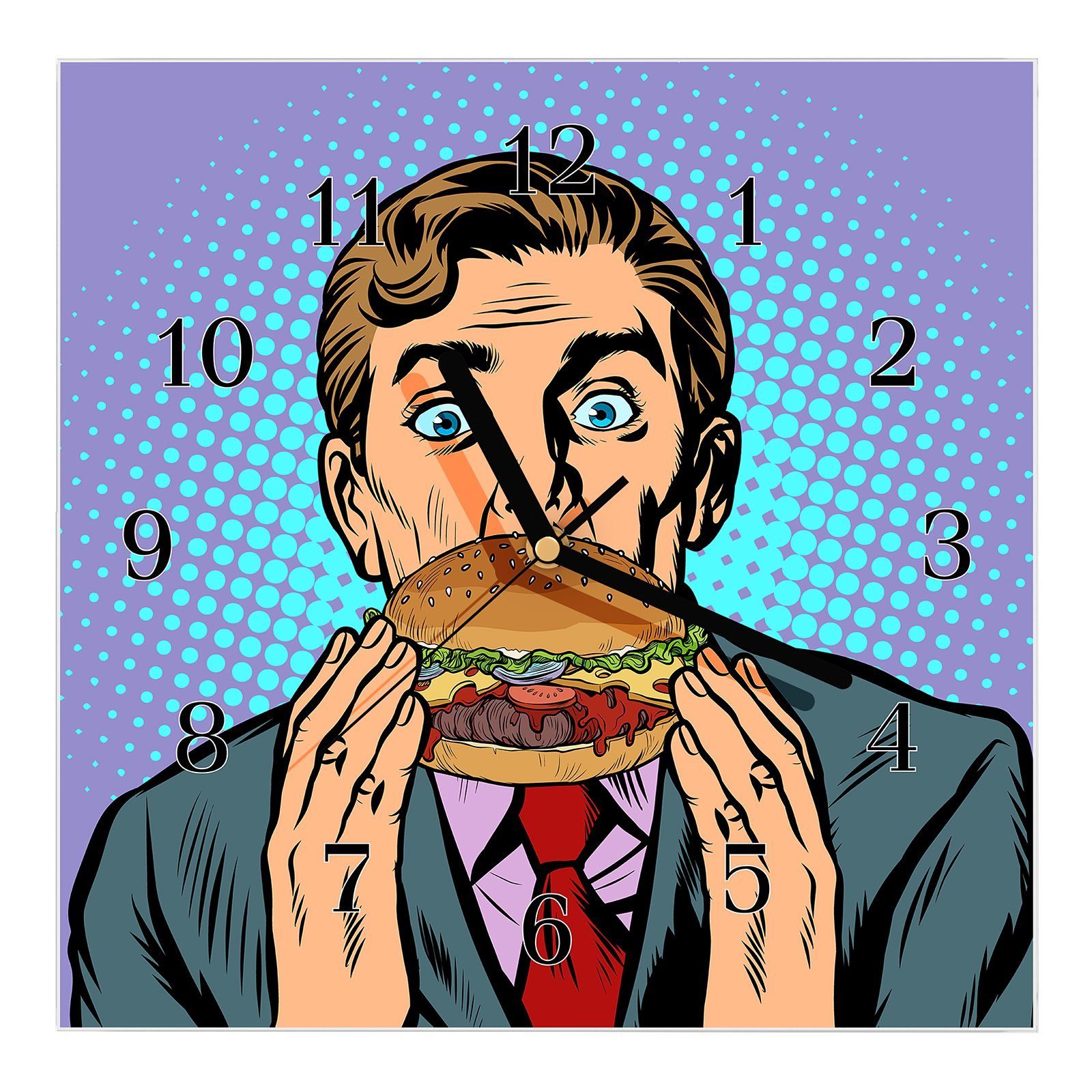 Primedeco Wanduhr Glasuhr Wanduhr Wandkunst Größe 30 x 30 cm mit Motiv Mann isst Burger