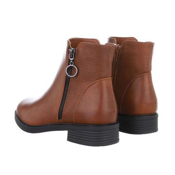 Ital-Design Damen Freizeit Stiefelette Blockabsatz Flache Stiefeletten in Camel