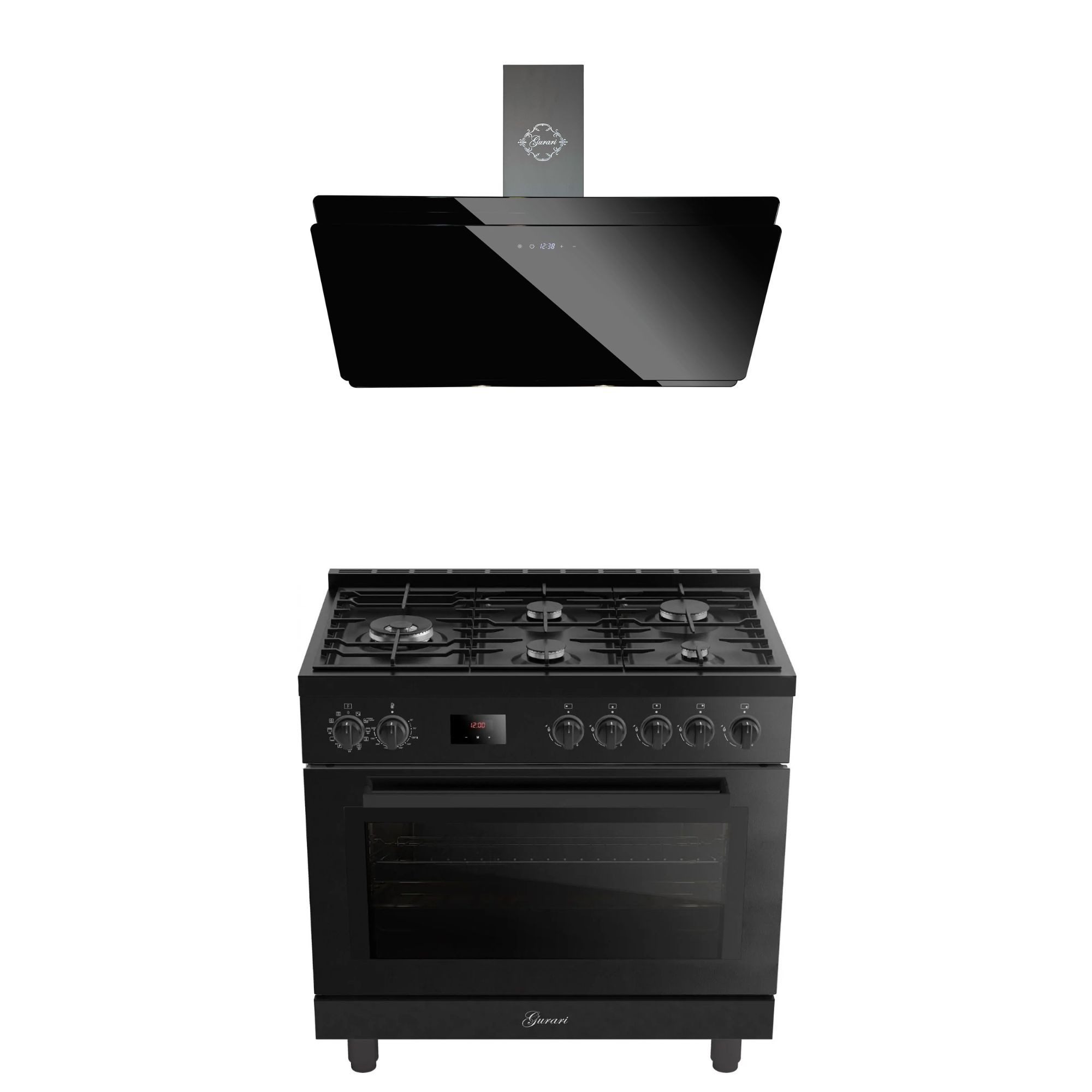 GURARI Gasherd-Set Gas Elektro Standherd 90 cm 126 L Erdgas Fl.Gas 4 Kw WOK Schwarz+Dunstabzugshaube 90 cm, 1000 m³/h GCH E 818 BL+GCH S 411 90 BL PRIME N., mit 1-fach-Teleskopauszug