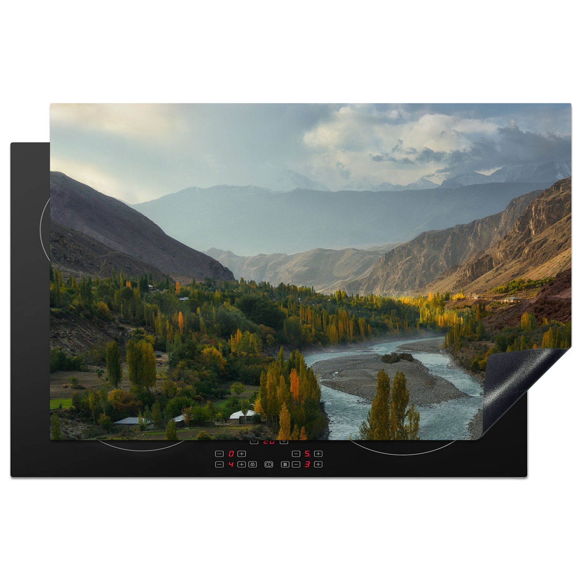 MuchoWow Herdblende-/Abdeckplatte Landschaft mit Bäumen in Pakistan, Vinyl, (1 tlg), 81x52 cm, Induktionskochfeld Schutz für die küche, Ceranfeldabdeckung | Herdabdeckplatten