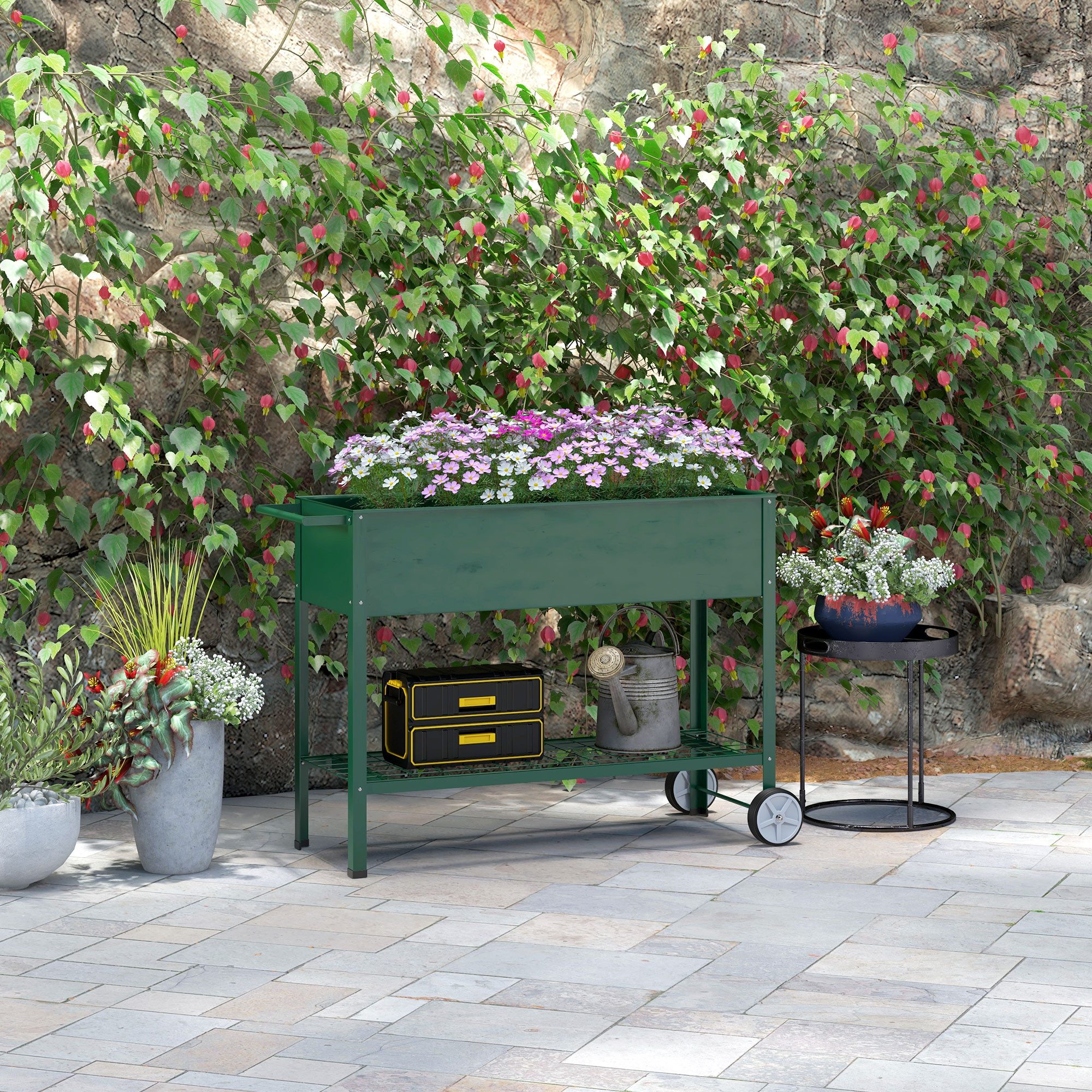 Outsunny Hochbeet mit Rädern, Regal, Kräuterbeet, Metall (Pflanzkasten, 1 St., Blumenkasten), für Garten, Balkon Grün 109 x 44 x 80 cm