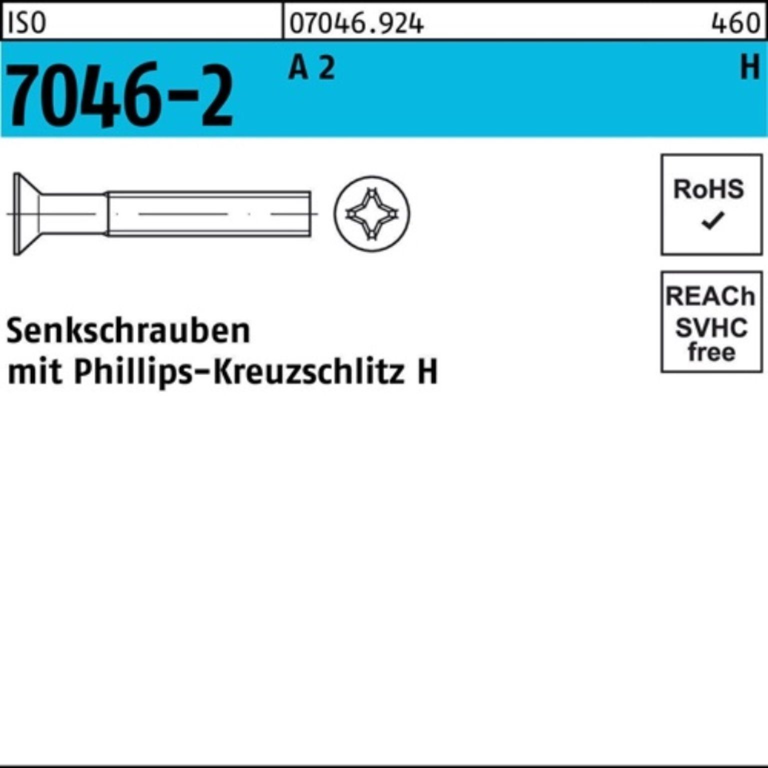 100er ISO ISO 60-H Senkschraube Senkschraube PH 2 Pack 7046-2 100 Stück Reyher 704 M10x A