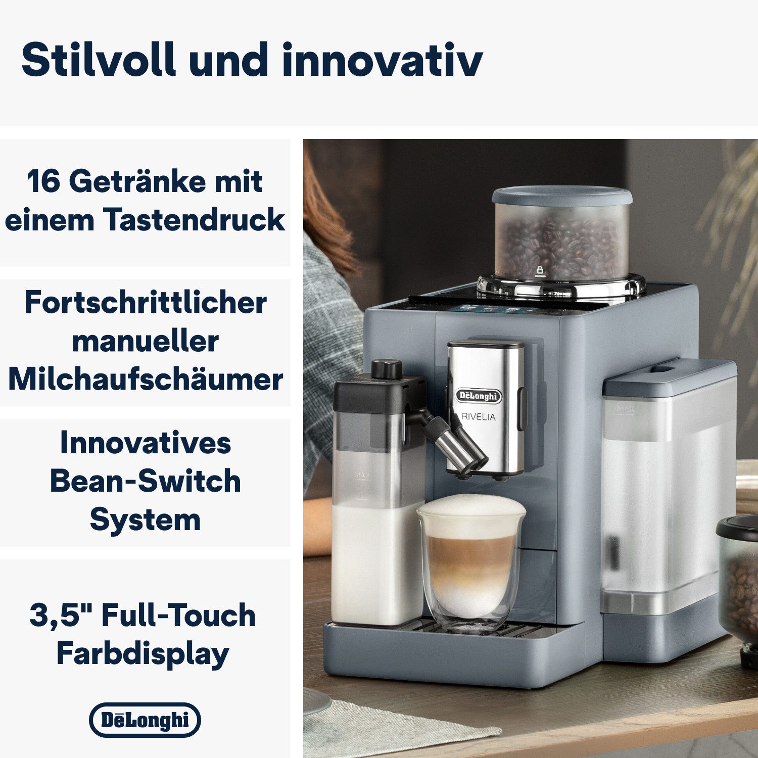 De'Longhi Kaffeevollautomat Rivelia EXAM440.55.G – 16 Kaffee-Rezepte, 2 Barista-Bohnenbehälter, grau, Extra-Shot-Funktion, Innovatives Bean-Switch System, Touchdisplay