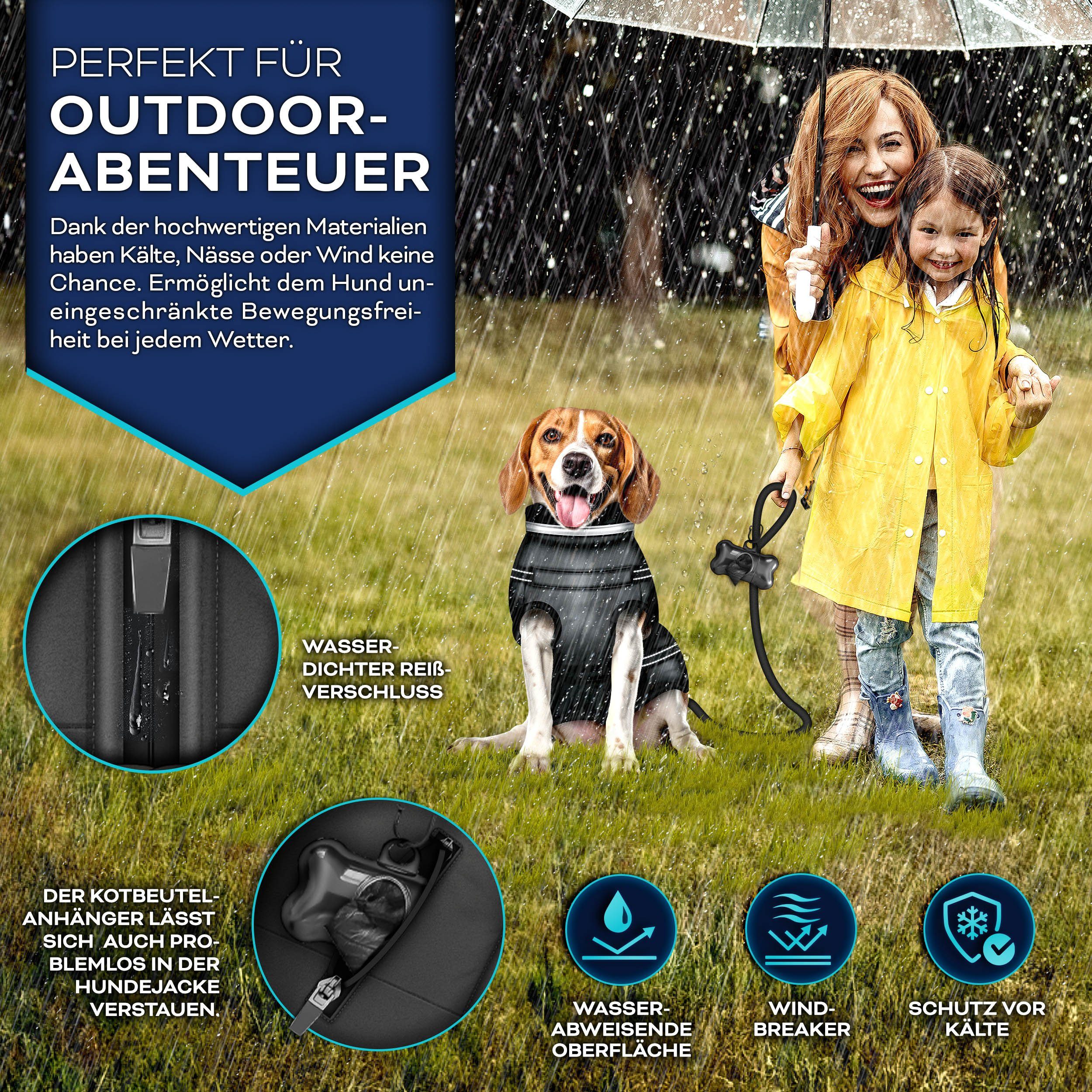 TRESKO Hundejacke Winter mit Reflektoren inkl. 15 Stück Kotbeutel, + Spender Hunderegenmantel wasserdicht Hundemantel mit Geschirr Weste