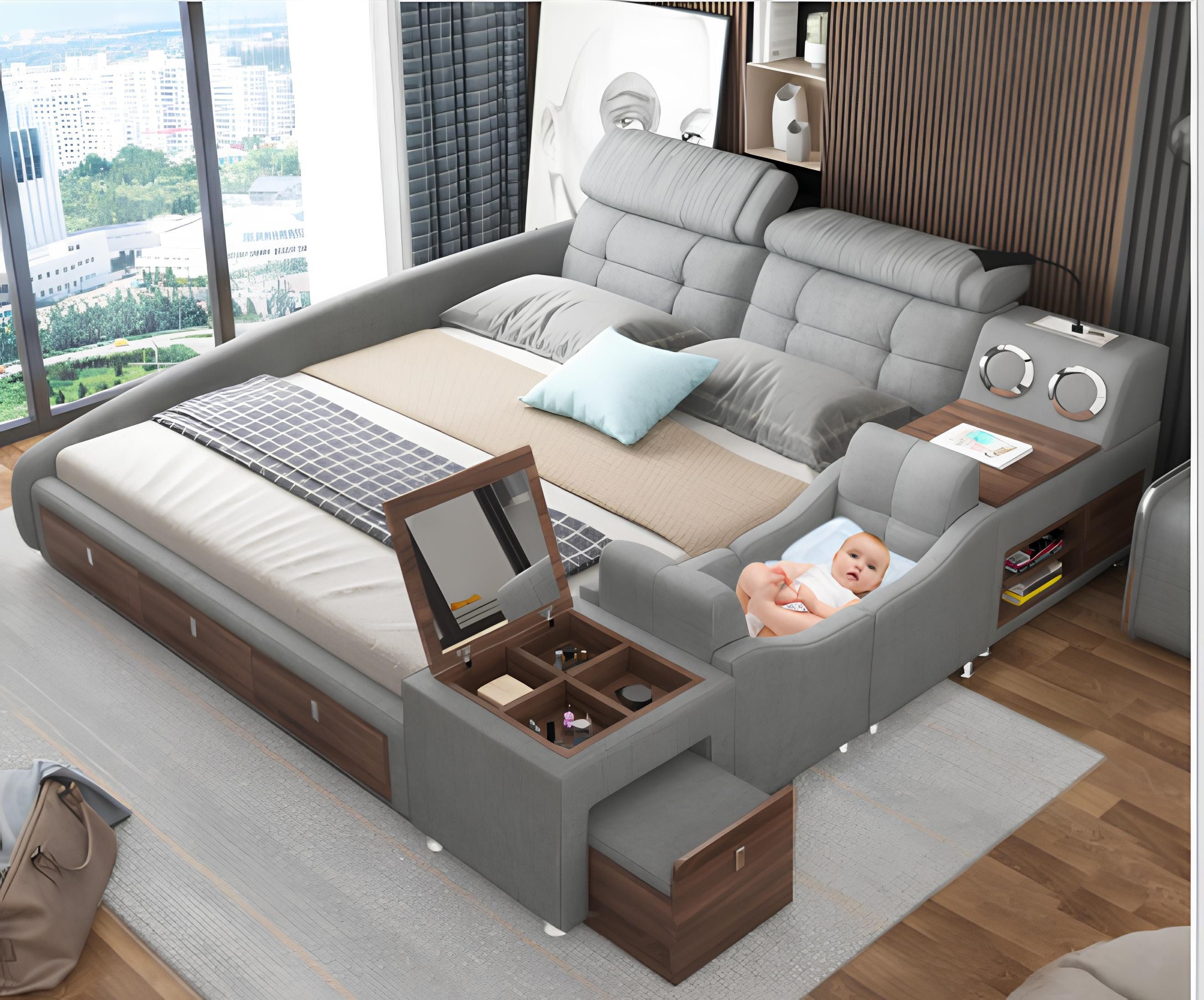 Xlmoebel Bett Polster Doppelbett in Leder mit gepolsterter Rückenlehne (1-tlg., Multifunktions Bett), Hergestellt in Europa