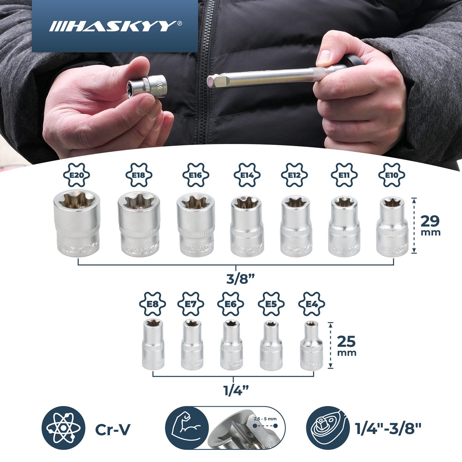 HASKYY Torxschlüssel 12 tlg. Aussen Torx Steckschlüssel Satz 1/4" & 3/8" Torxschlüssel