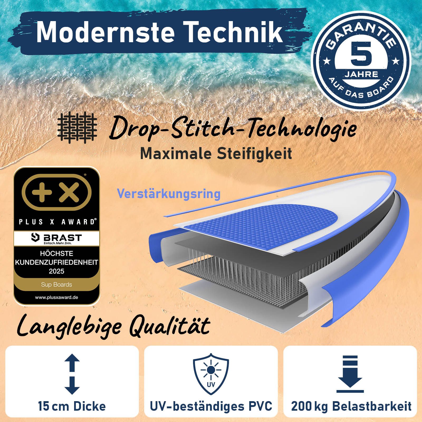 BRAST SUP-Board Shark, Aufblasbares Stand up Paddle Set, 320x81x15cm, 8 Designs, 5 Jahre Garantie, inkl. Sonderzubehör