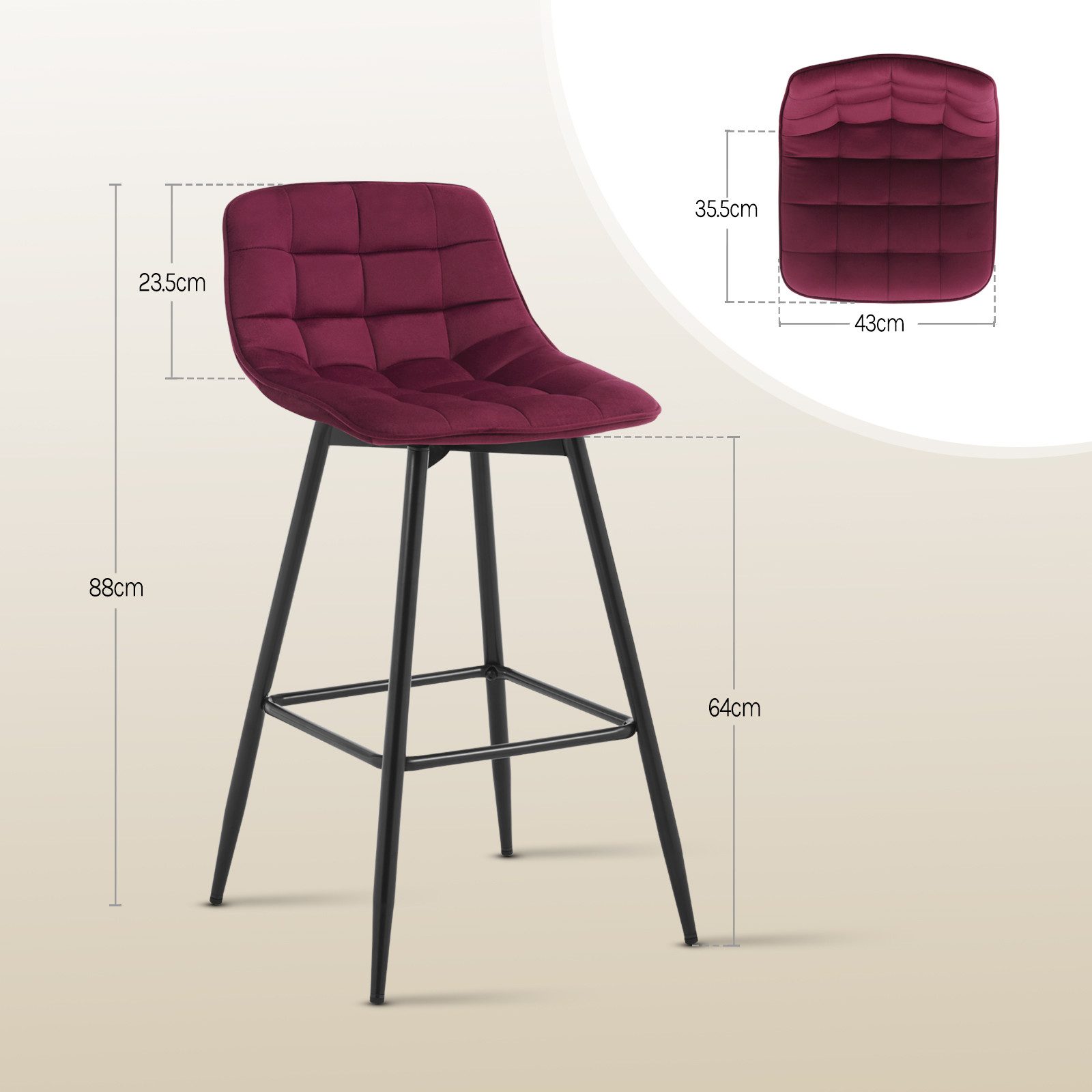 Woltu Barhocker (2 St), Barstuhl mit Rückenlehne und Fußstütze Samt Metall
