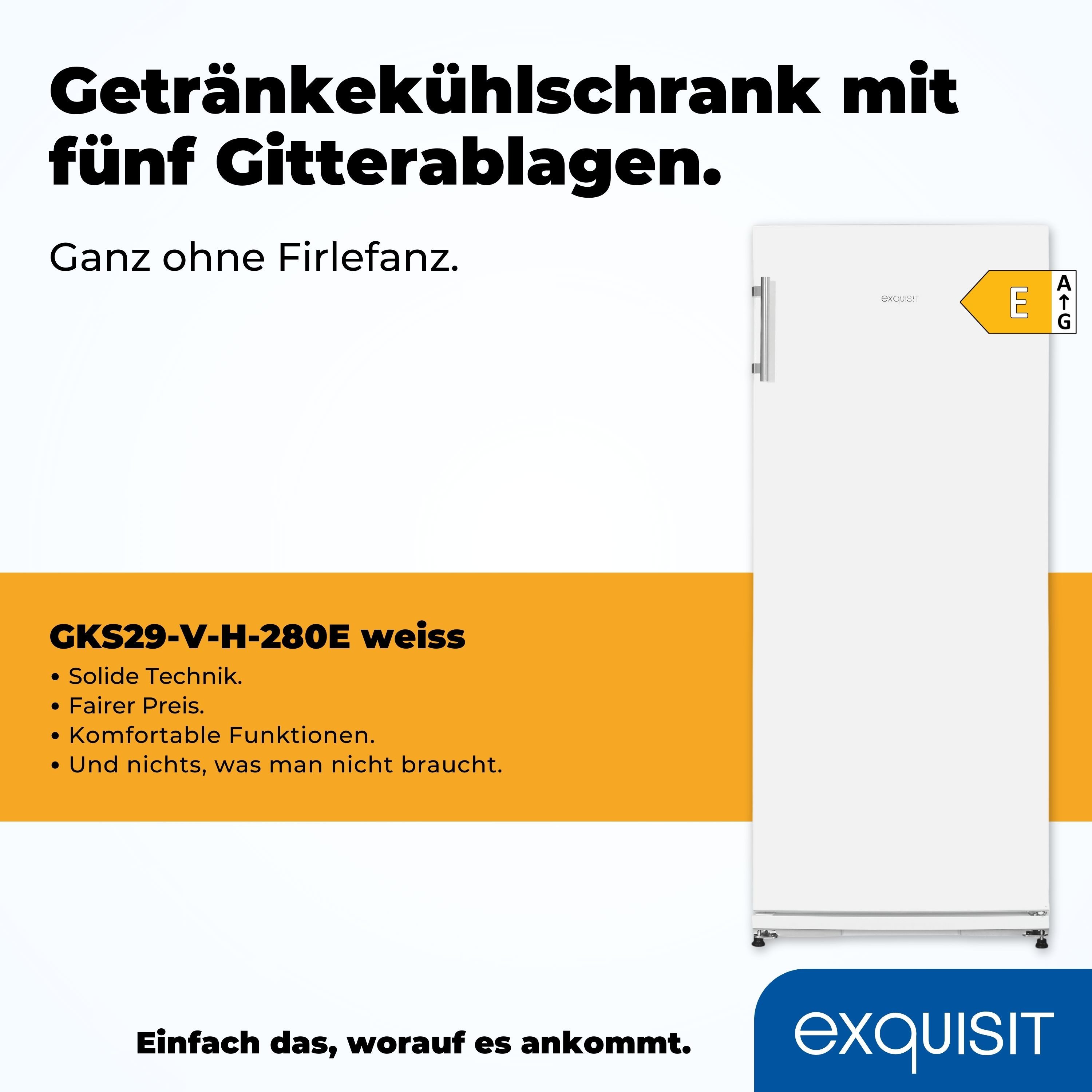 exquisit Getränkekühlschrank 5 robuste Gitterablagen zur Lagerung von Flaschen oder Getränkekisten GKS29-V-H-280E weiss, 145,5 cm hoch, 60 cm breit, Praktisch & übersichtlich: 254 L Kühlschrank mit Gitterablagen & LED