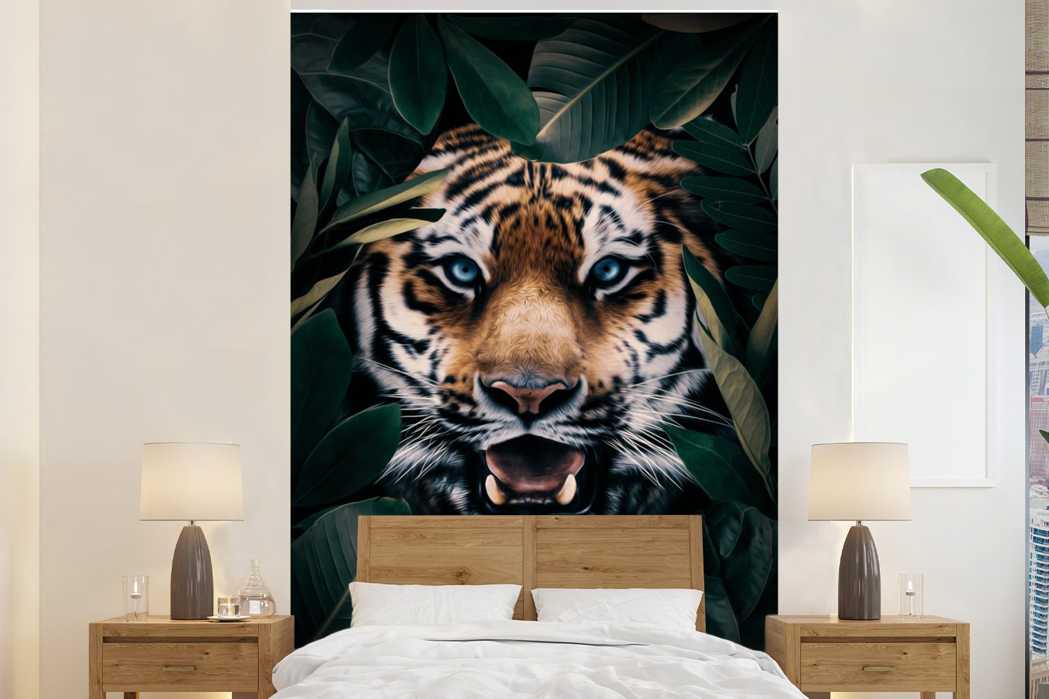 MuchoWow Fototapete Tiger - Bäume - Blau, Matt, bedruckt, (3 St), Montagefertig Vinyl Tapete für Wohnzimmer, Wandtapete