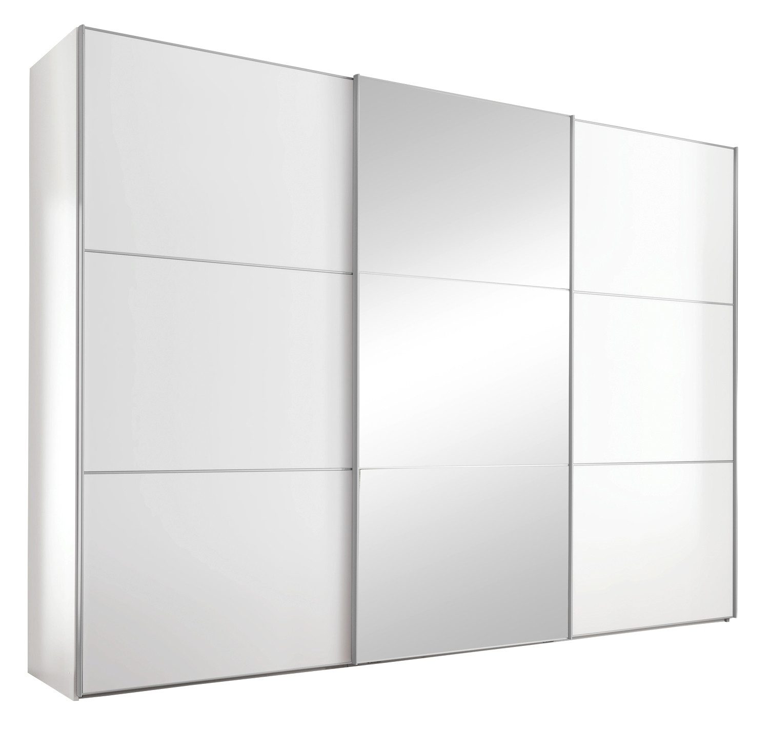 STAUD Schwebetürenschrank LENTO, 3-türig, Weiß matt, mit Spiegel, Türdämpfer 2 Schubladen, B 249 x H 222 x T 68 cm