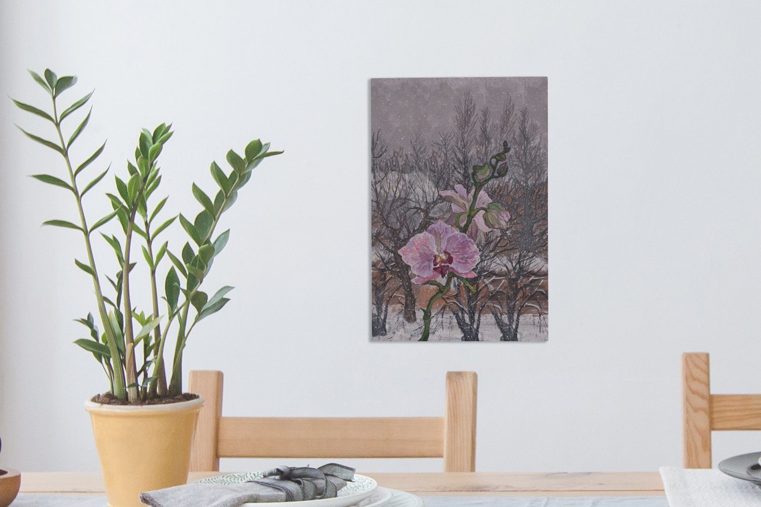 Eine bespannt winterliche rosa cm Orchidee, St), Gemälde, einer inkl. (1 Leinwandbild Leinwandbild Zackenaufhänger, fertig Illustration OneMillionCanvasses® 20x30