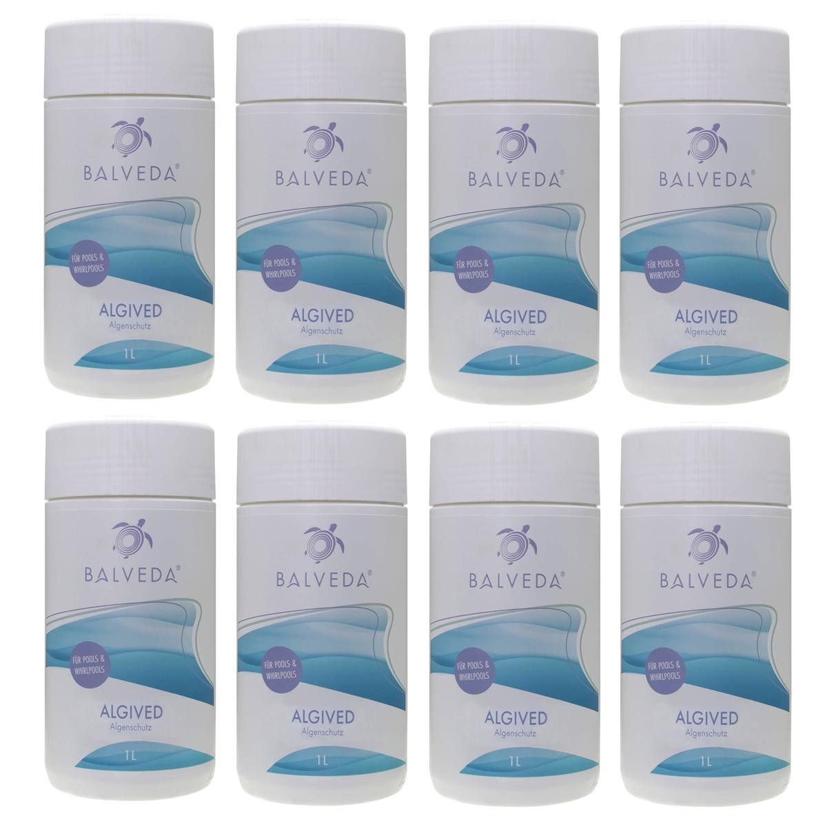 BALVEDA Poolpflege BALVEDA 8x ALGIVED Algenschutz schaumfrei & Sauerstoff-Aktivator 1 L, (8er Set), Für Pools und Whirlpools geeignet