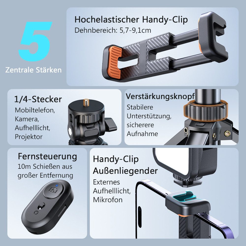 TUWENA Handy-Halterung Handy-Stativ & Selfie Stick 180cm, Handystativhalter mit Fernauslöser, (Erweiterbarer Handystativhalter mit Fernauslöser Kompatibel Smartphone)