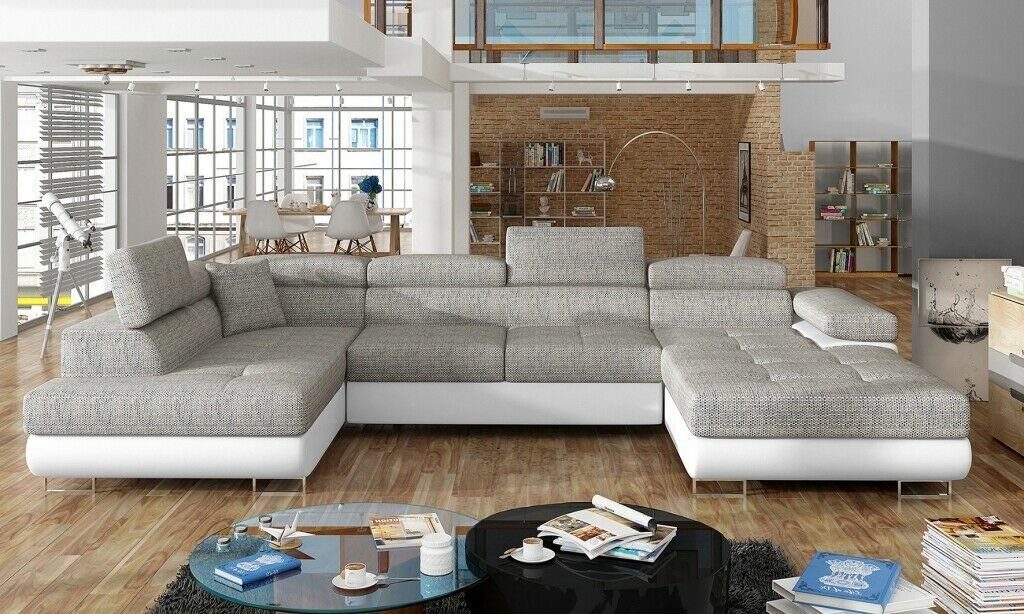 JVmoebel Ecksofa, Stoff U-Form Couch Wohnlandschaft Ecksofa Design Modern Sofa Modern Grau/Weiß