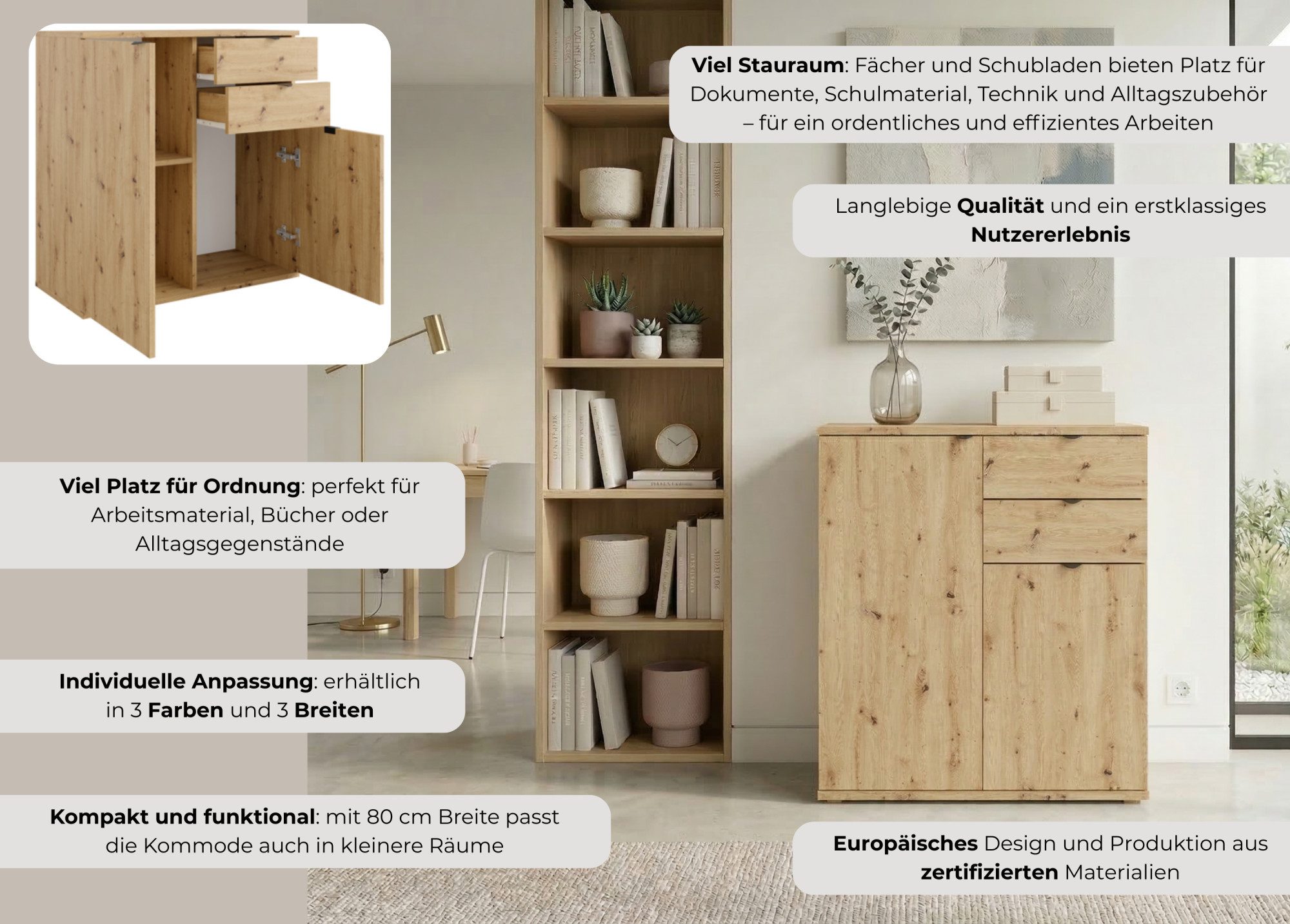 OTTO home Kommode THALIAANA Sideboard mit 2 Türen und 2 Schubladen, Breite 80 cm, Schrank in 3 Farben erhältlich, schwarze Metallgriffe, viel Stauraum