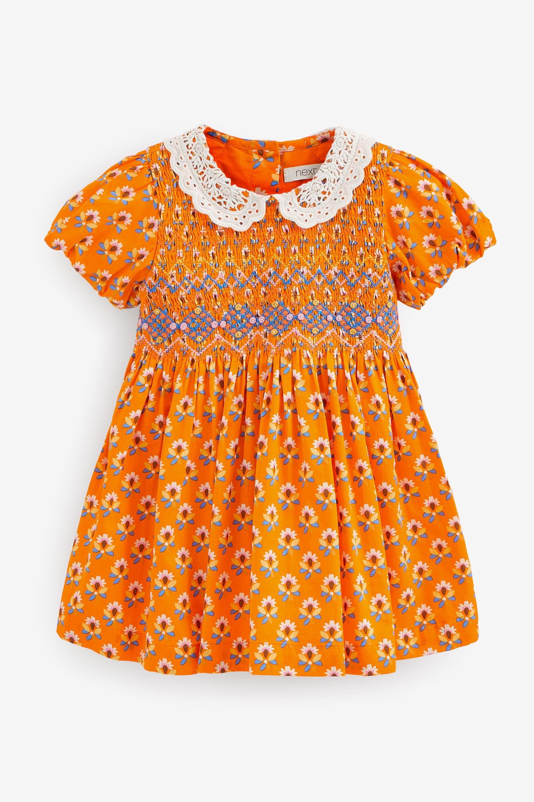 Next Sommerkleid Baumwollkleid mit Spitzenkragen und Raffdetail (1-tlg) Orange Geo