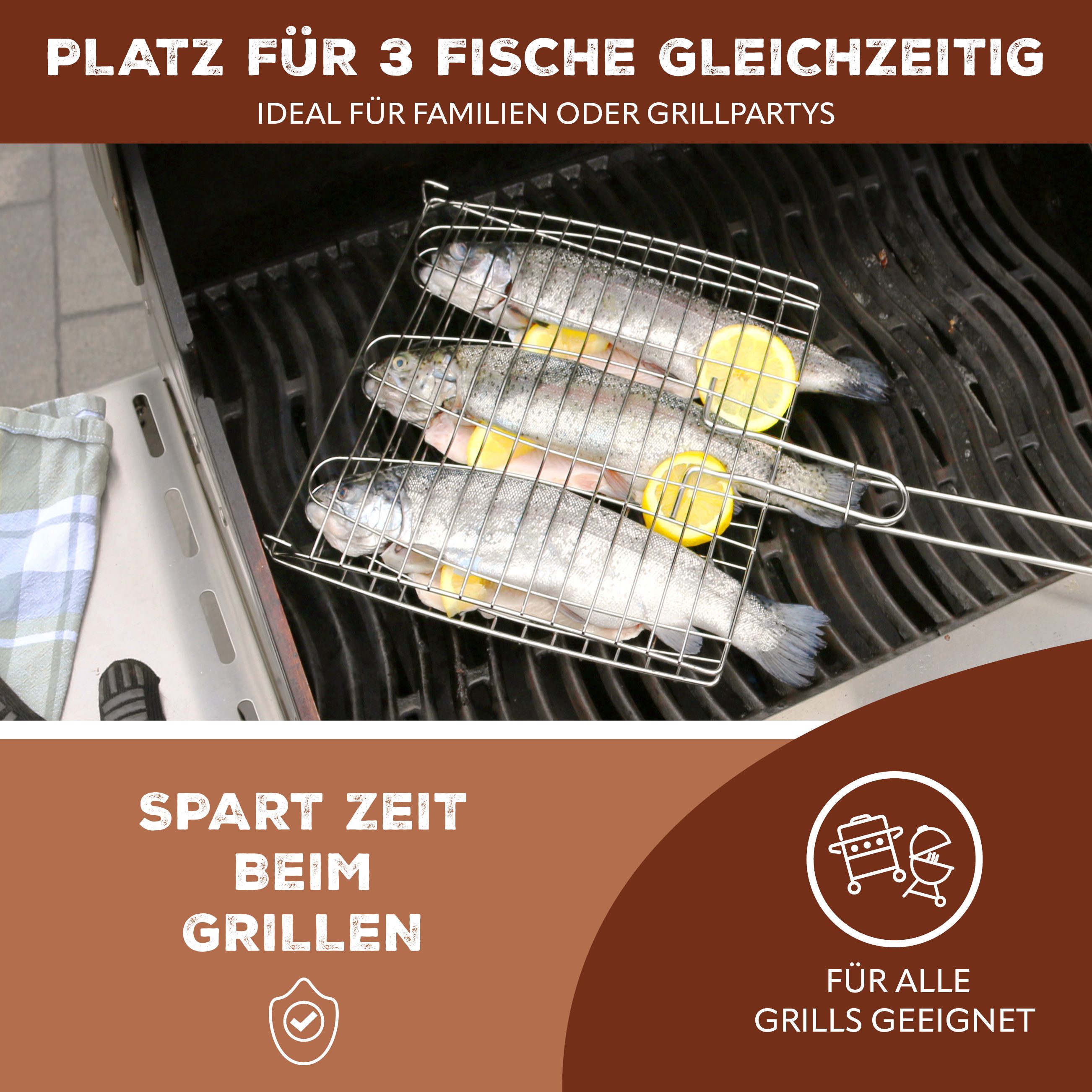 bremermann Grillguthalter Fischgriller 3fach // Edelstahl // ca. 59 x 27,5 cm // Fischbräter – Bild 3 von 5