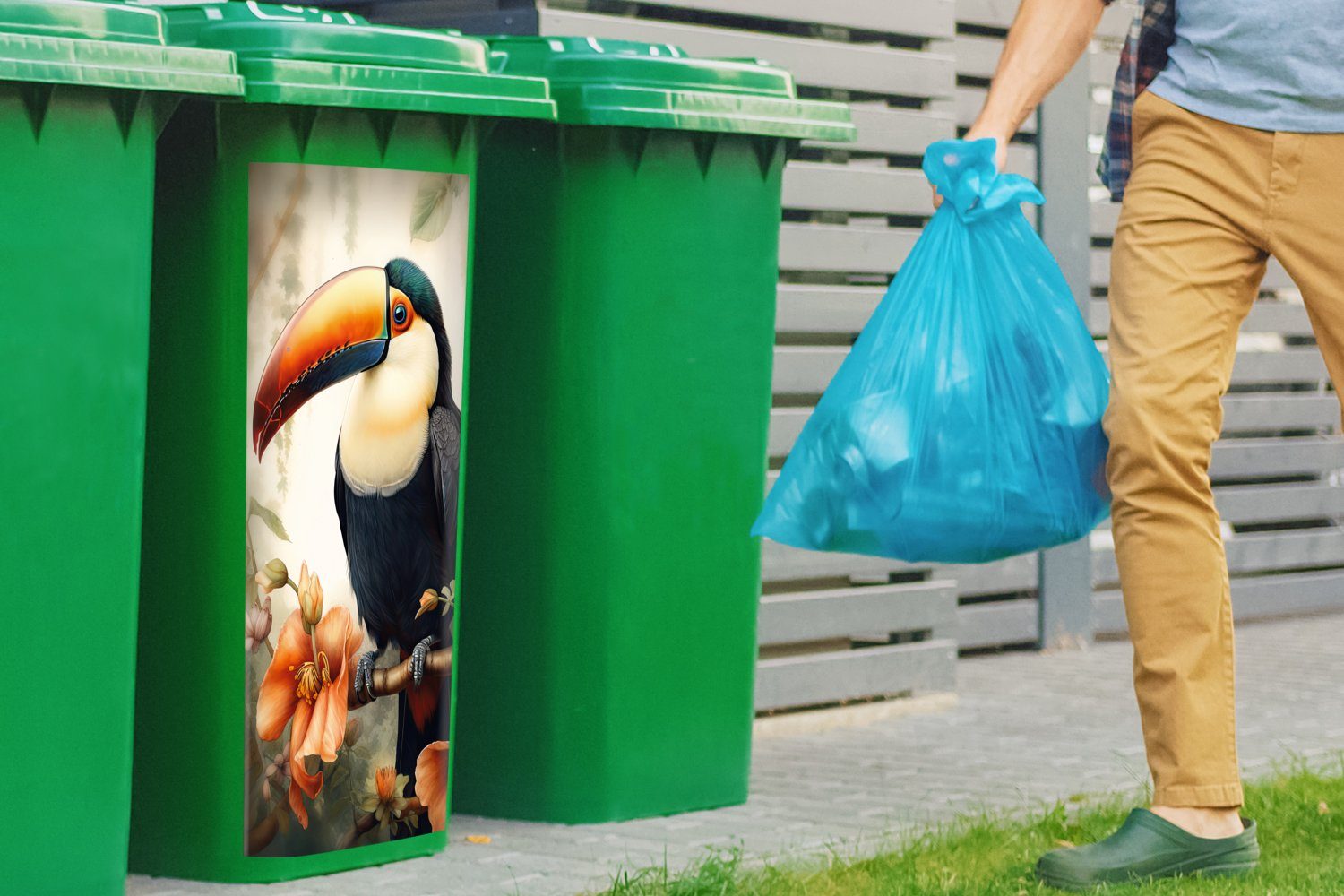 Mülleimer-aufkleber, Tukan (1 Container, Abfalbehälter Sticker, - Blumen Pflanzen Mülltonne, St), Wandsticker MuchoWow - - Vogel