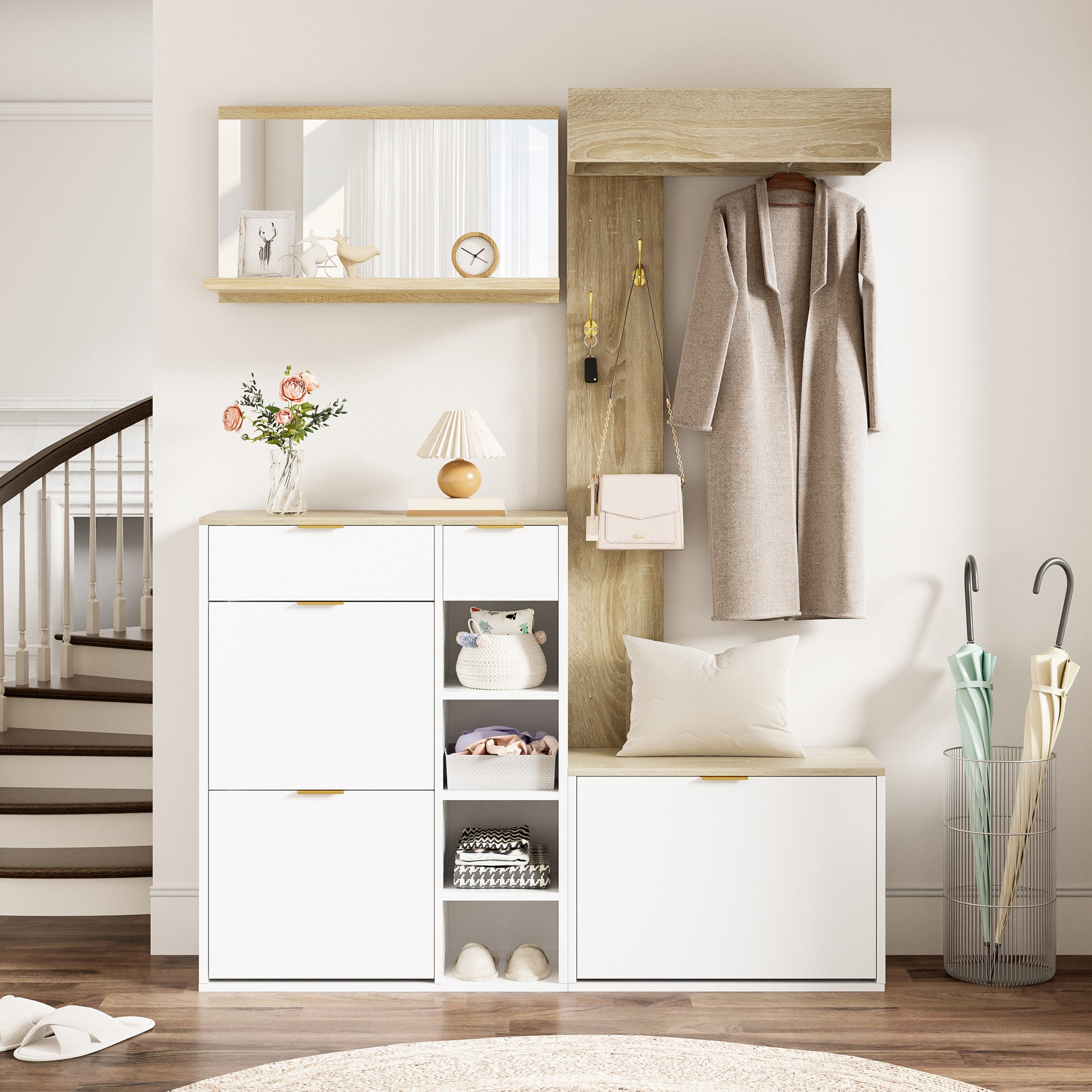 HAUSS SPOLE Garderoben-Set 4-tlg Flurgarderoben mit Schuhschrank&Sitzbank,Spiegel&Wandgarderobe, (4-in-1-Flurgarderoben-Set aus Robuste Spanplatten-Konstruktion, mit 2 Schubladen und verstellbaren Einlegeböden), anglebig und alltagstauglich