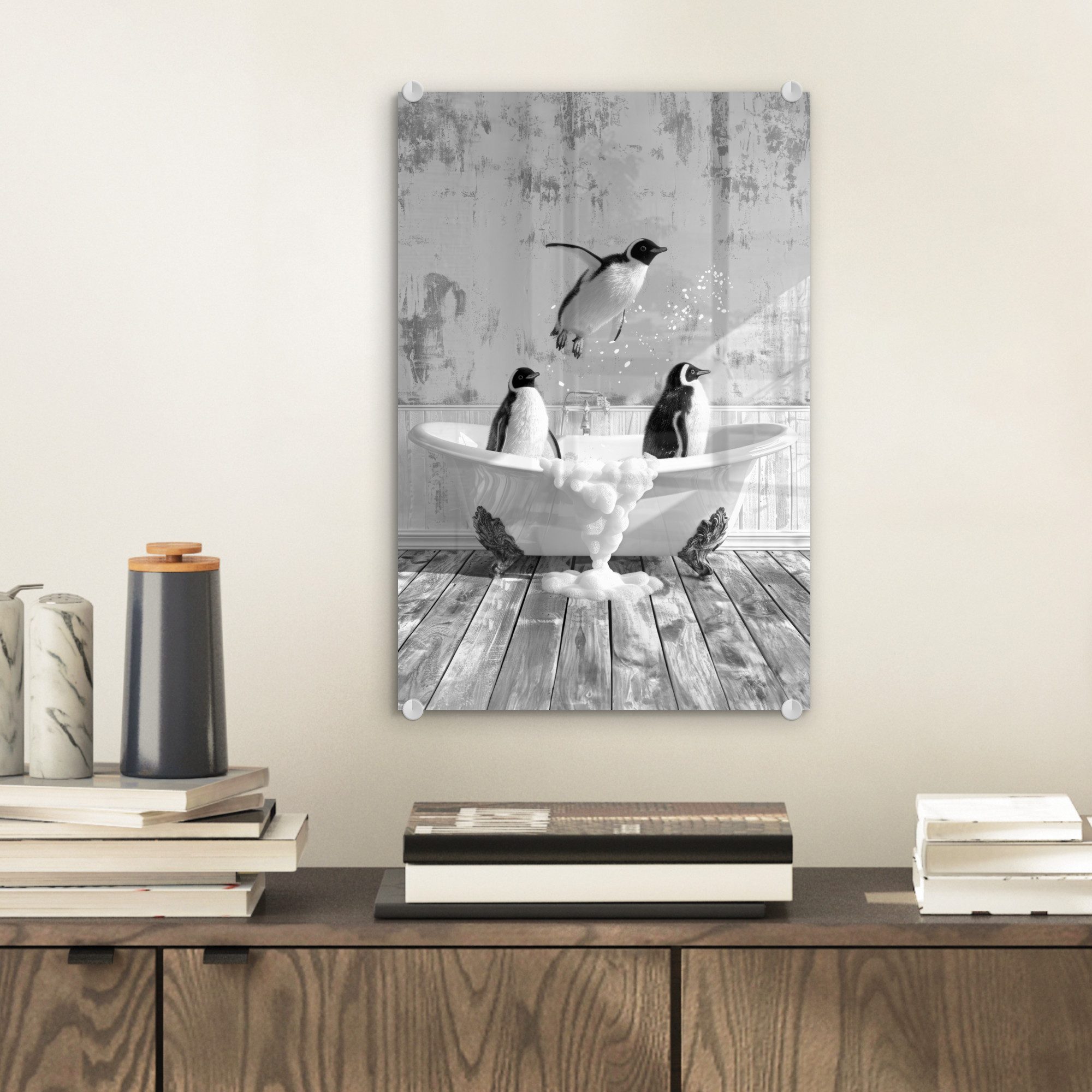 MuchoWow Acrylglasbild Pinguine - Vintage - Tiere - Schwarz - Weiß, Inkl. Aufhängung, Acrylglasbilder Badezimmer, Toilette Bilder auf Glas, 20x30 cm – Bild 2 von 5