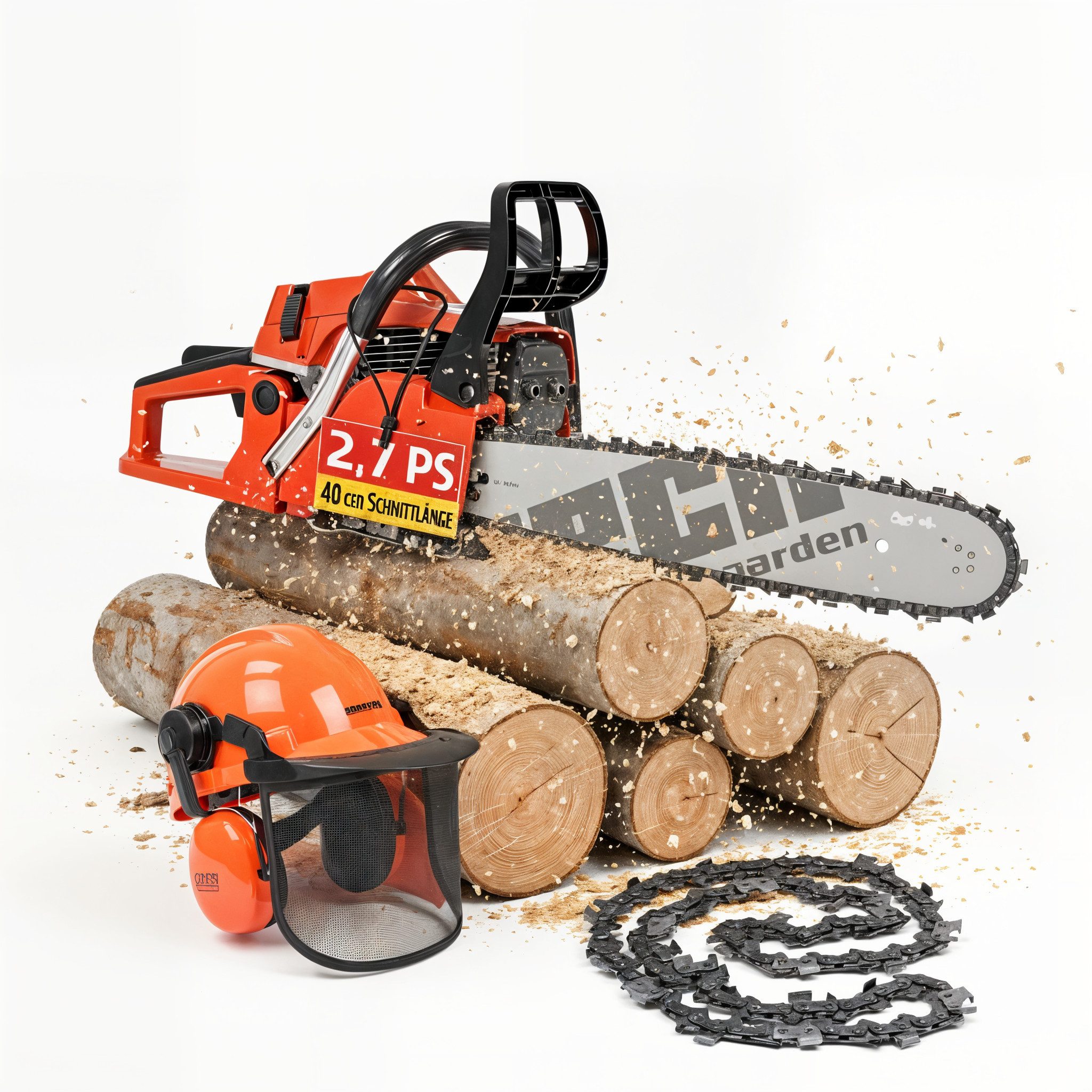 Hecht Benzin-Kettensäge 45 Set mit Helm und Ersatzkette, 47 cm Schwertlänge, 2,7 PS, 40cm Schnittlänge