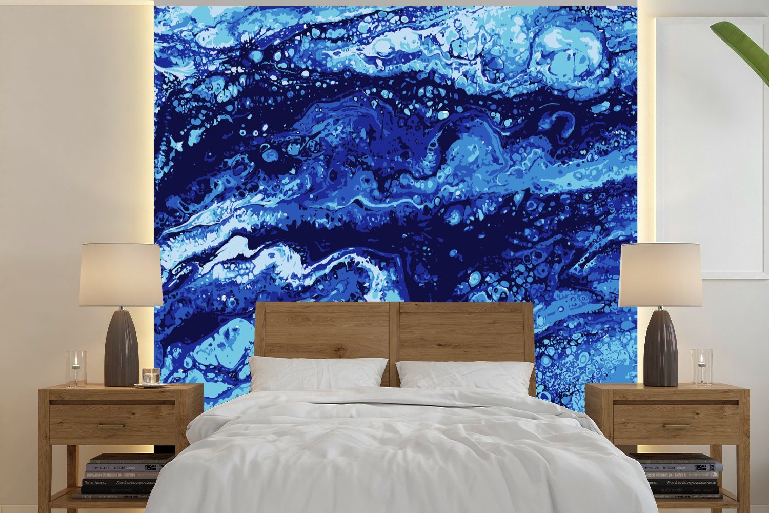 MuchoWow Fototapete Marmor - Blau - Aquarell, Matt, bedruckt, (4 St), Vliestapete für Wohnzimmer Schlafzimmer Küche, Fototapete