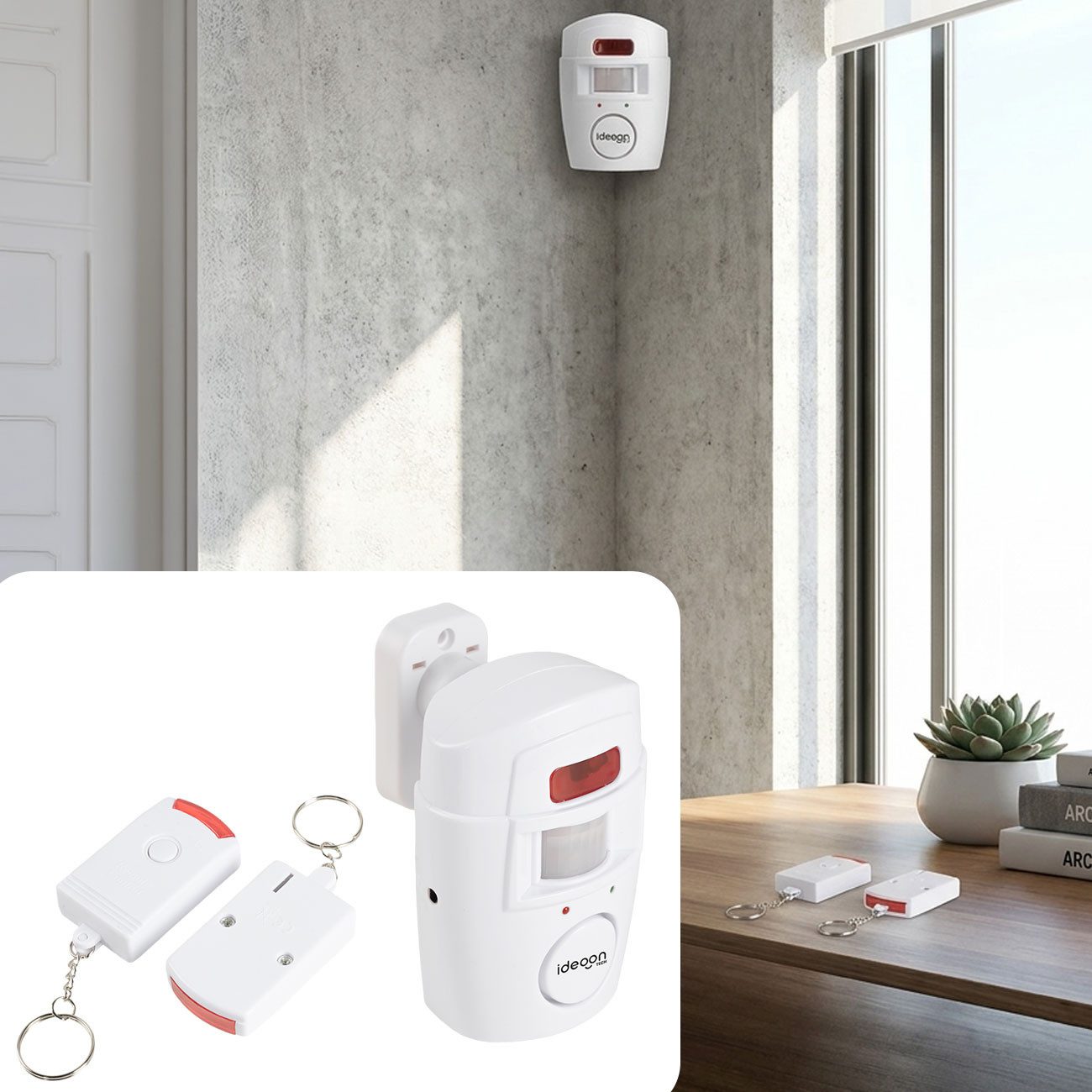 shop'n smile ideoon PIR Alarmanlage (105 dB) mit 2 Fernbedienungen, Hausalarm & Schutz Alarmanlage (PIR-Sensor-Reichweite: 5 m)