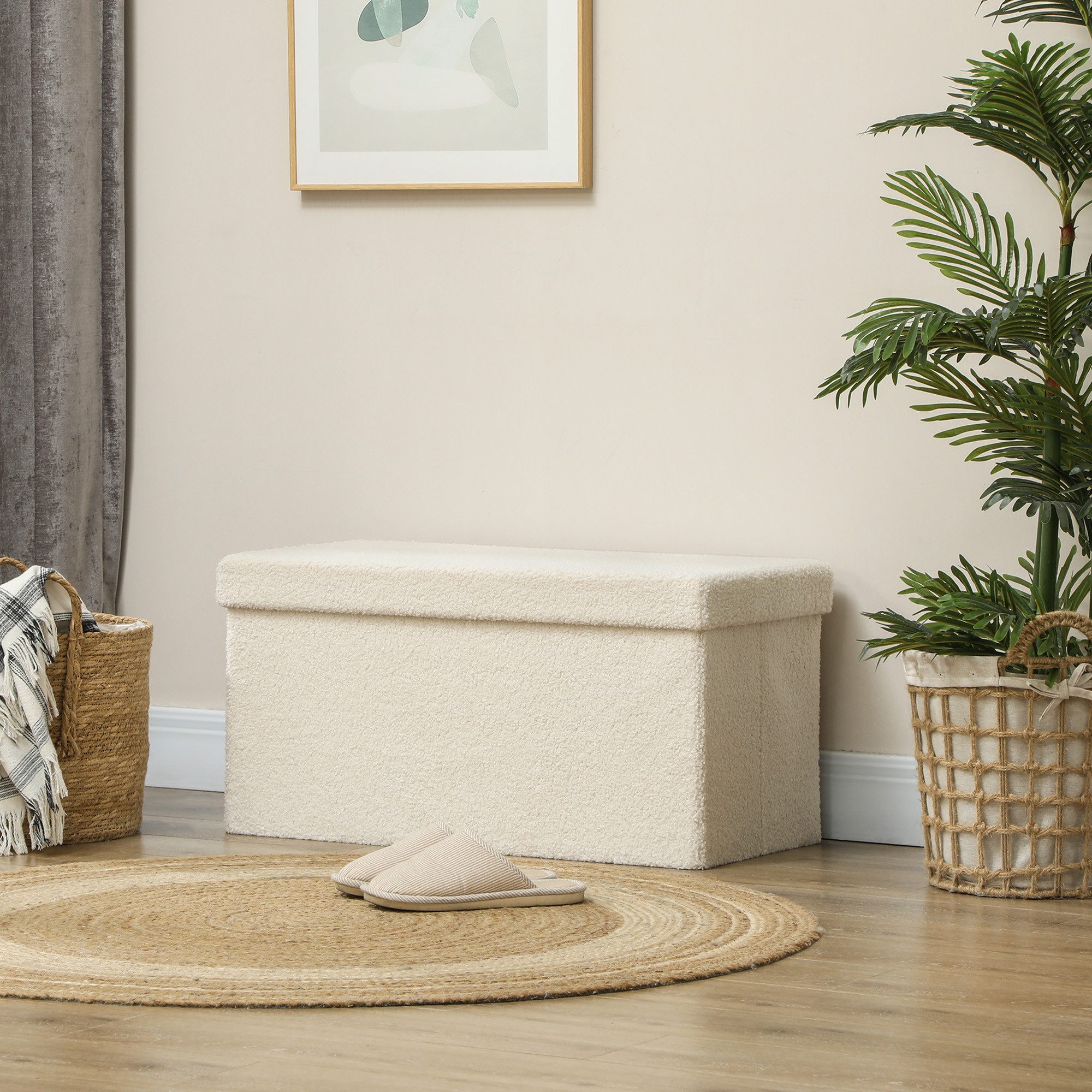 HOMCOM Sitzbank Stauraum faltbar mit Samtoptik Sitztruhe (Truhenbank, 1-St., Polsterbank), für Flur Schlafzimmer Wohnzimmer, 76 x 38 x 38 cm Cremeweiß