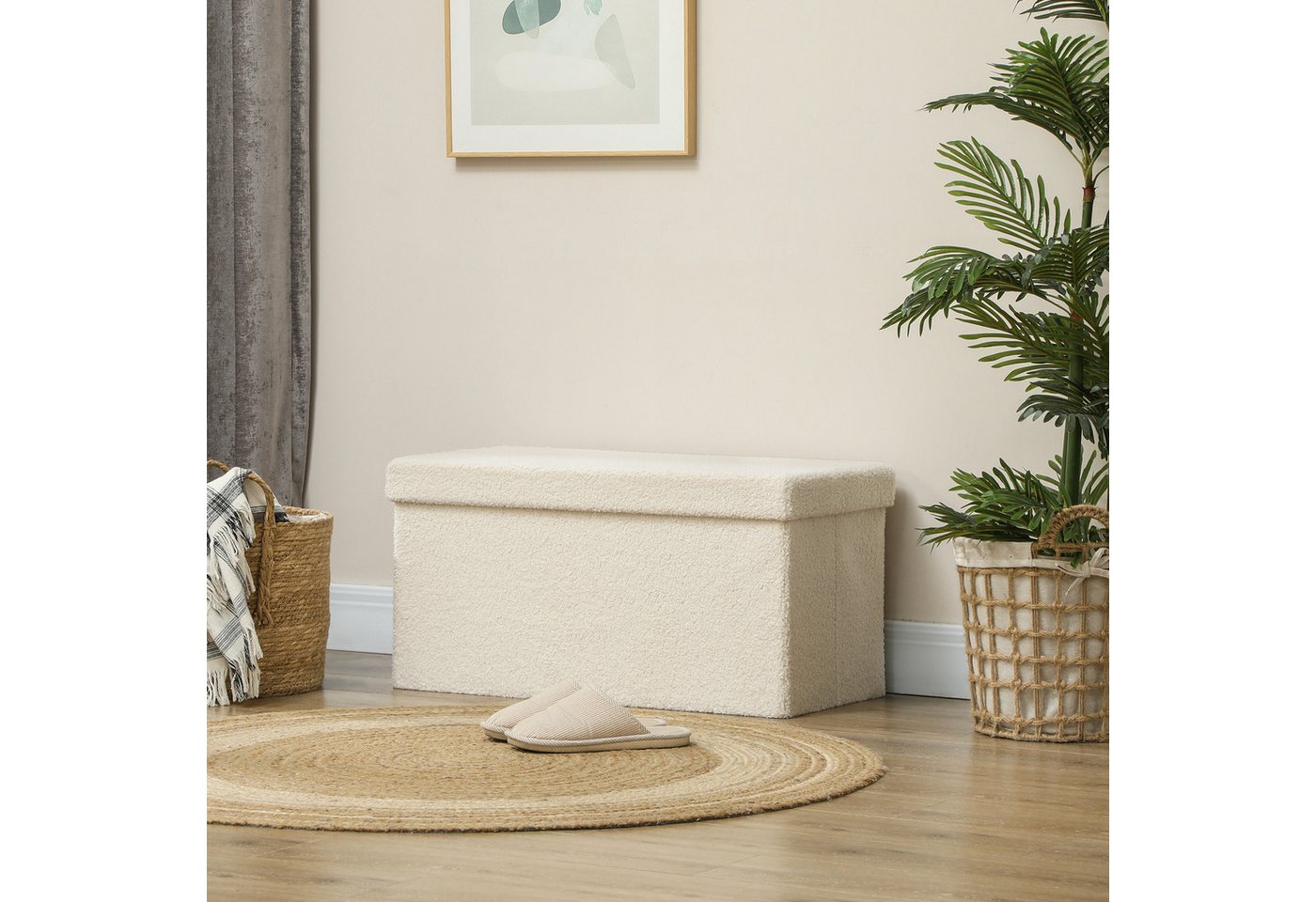 HOMCOM Sitzbank Stauraum faltbar mit Samtoptik Sitztruhe (Truhenbank, 1-St., Polsterbank), für Flur Schlafzimmer Wohnzimmer, 76 x 38 x 38 cm Cremeweiß