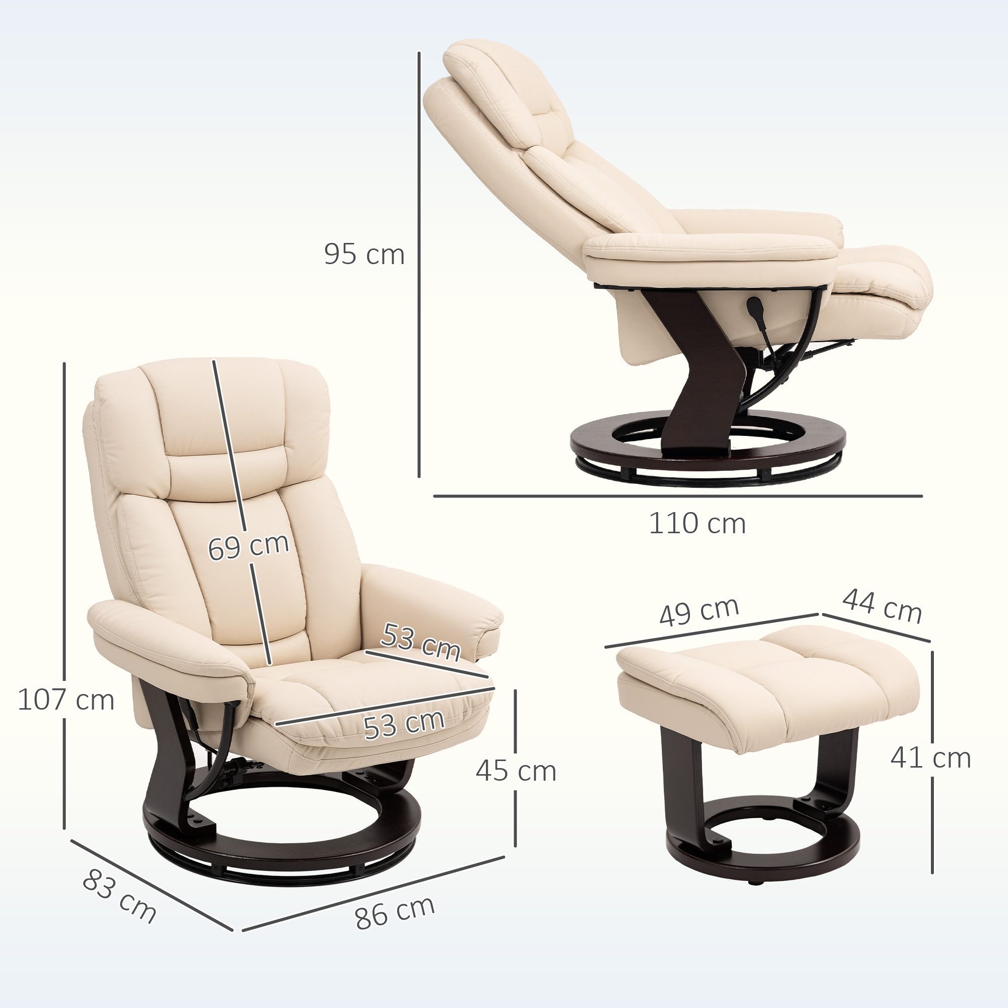 HOMCOM Relaxsessel 360°drehbarer TV-Sessel mit Hocker, Taschenfeder (Ruhesessel, 2-St., Fernsehsessel), für Wohnzimmer, Kunstleder, Cremeweiß