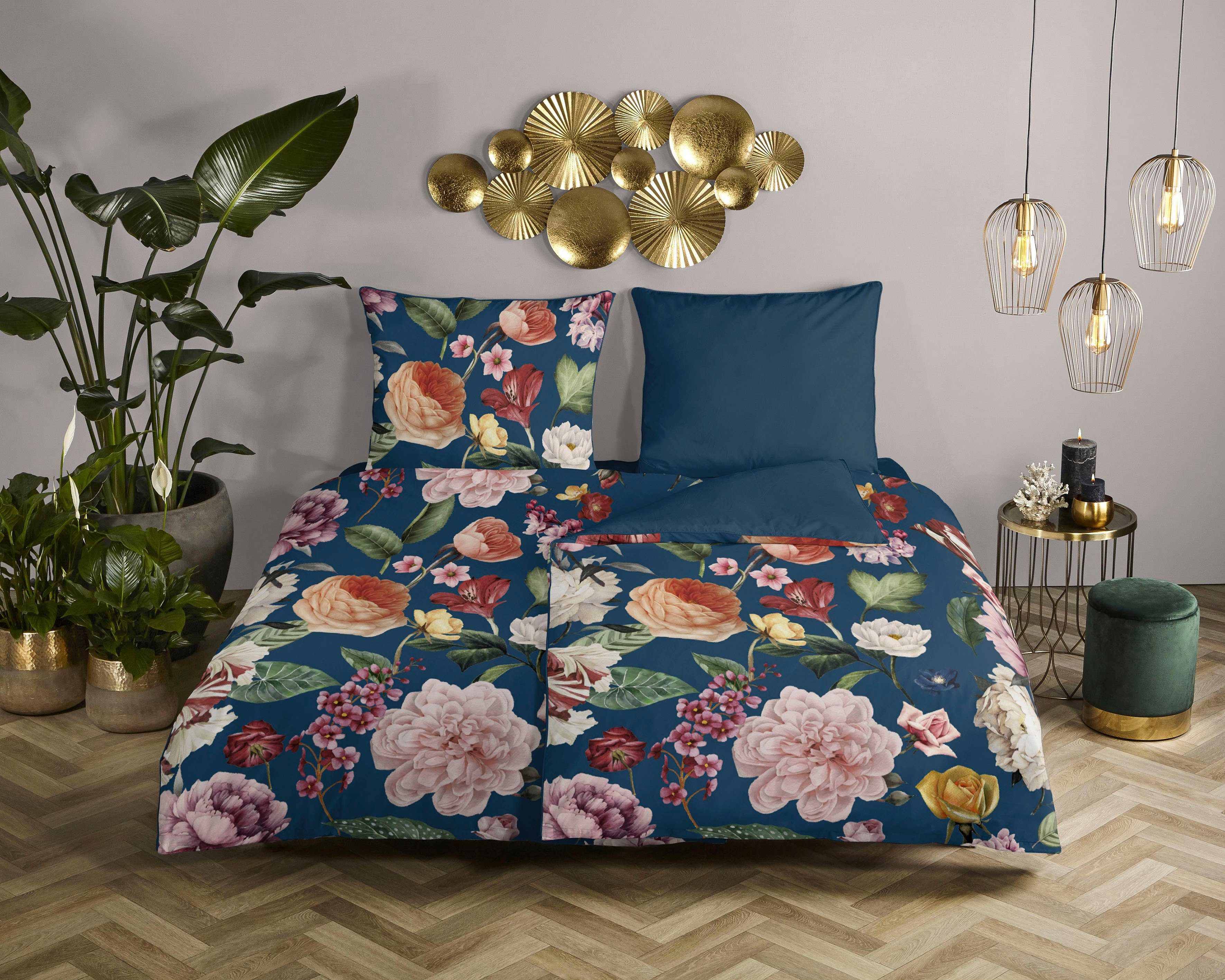 Descanso Wendebettwäsche Fiori, Satin (Bio-Baumwolle), 2 teilig, Baumwolle, Satin, 135x200, Biese, Reißverschluss, Wende, Blumen Sand