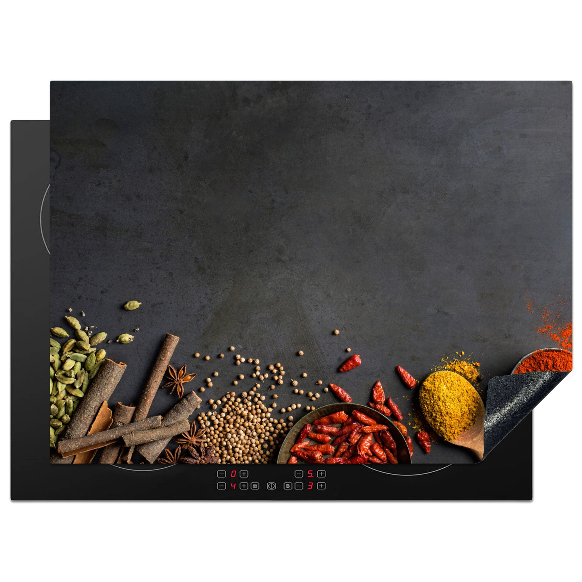 MuchoWow Herd-Abdeckplatte Kräuter - Lebensmittel - Gewürze - Schwarz - Paprika - Zimt, Vinyl, (1 tlg), Küche Herdabdeckung Ceranfeld Induktionsfeld Vinyl, 65x50 cm