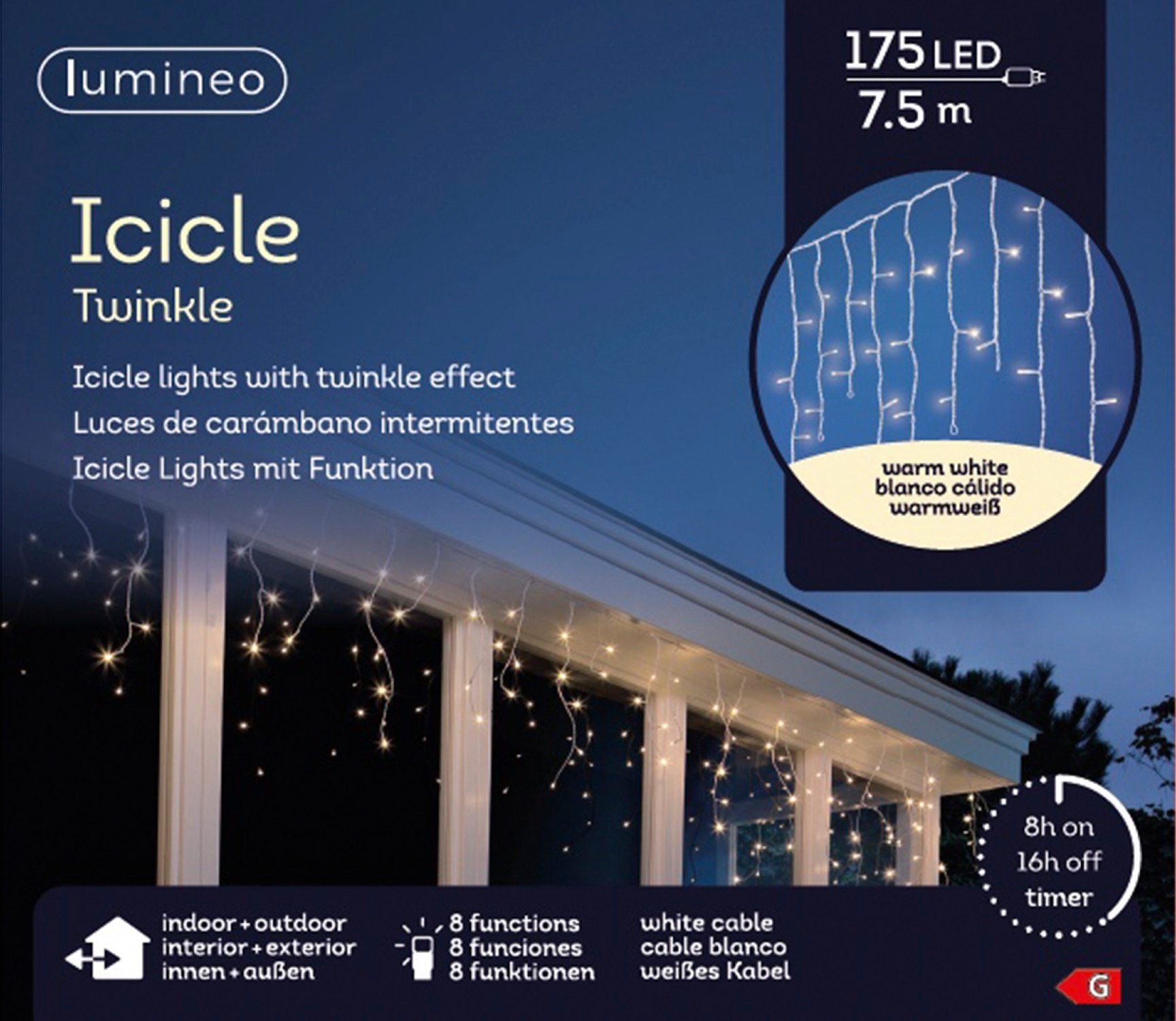 Lumineo LED-Lichterkette Lumineo Lichtervorhang ICICLE TWINKLE 175 LED 7,5 m warm weiß, weiß, 8 Twinkle-Effekte, 8h-Timer, Indoor/Outdoor, + 5 m Zuleitung