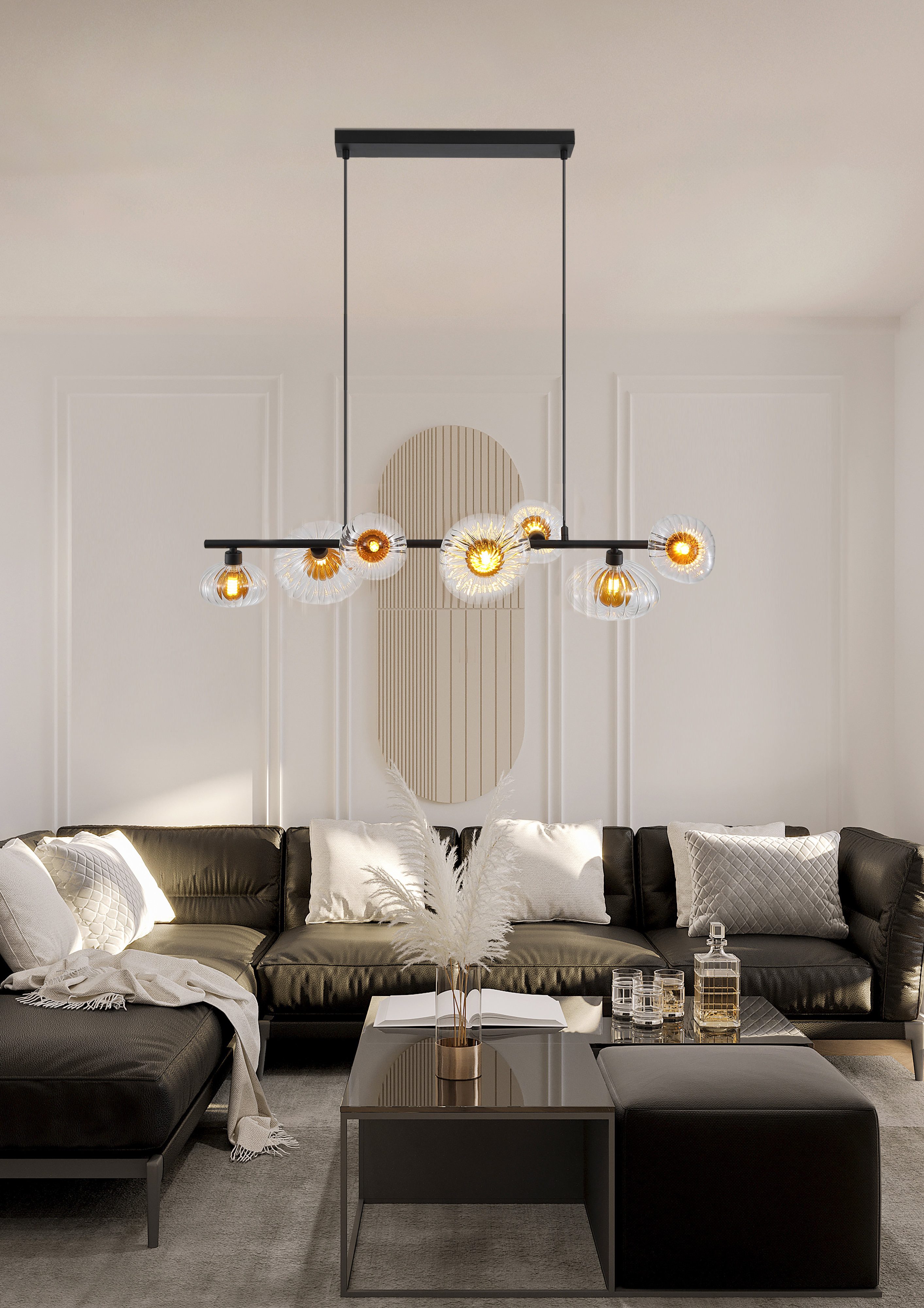 Searchlight Pendelleuchte Sunbeam 7Lt Pendelleuchte, klares und bernsteinfarbenes Ribbelglas, ohne Leuchtmittel