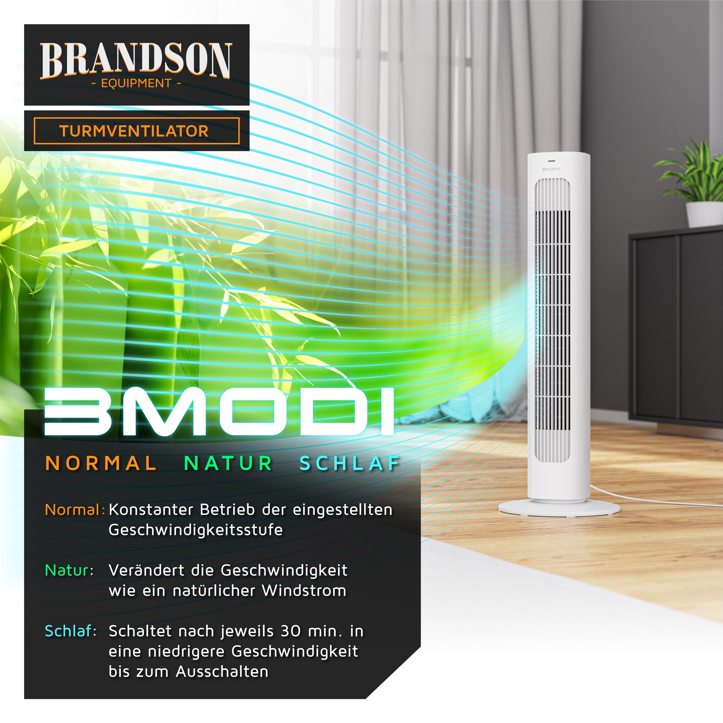 Brandson Turmventilator mit Fernbedienung, sehr leise, Oszillation, 3 Modi, Timer, 50 Watt, einstellbare Displayhelligkeit, mit Tragegriff, Standventilator 76cm